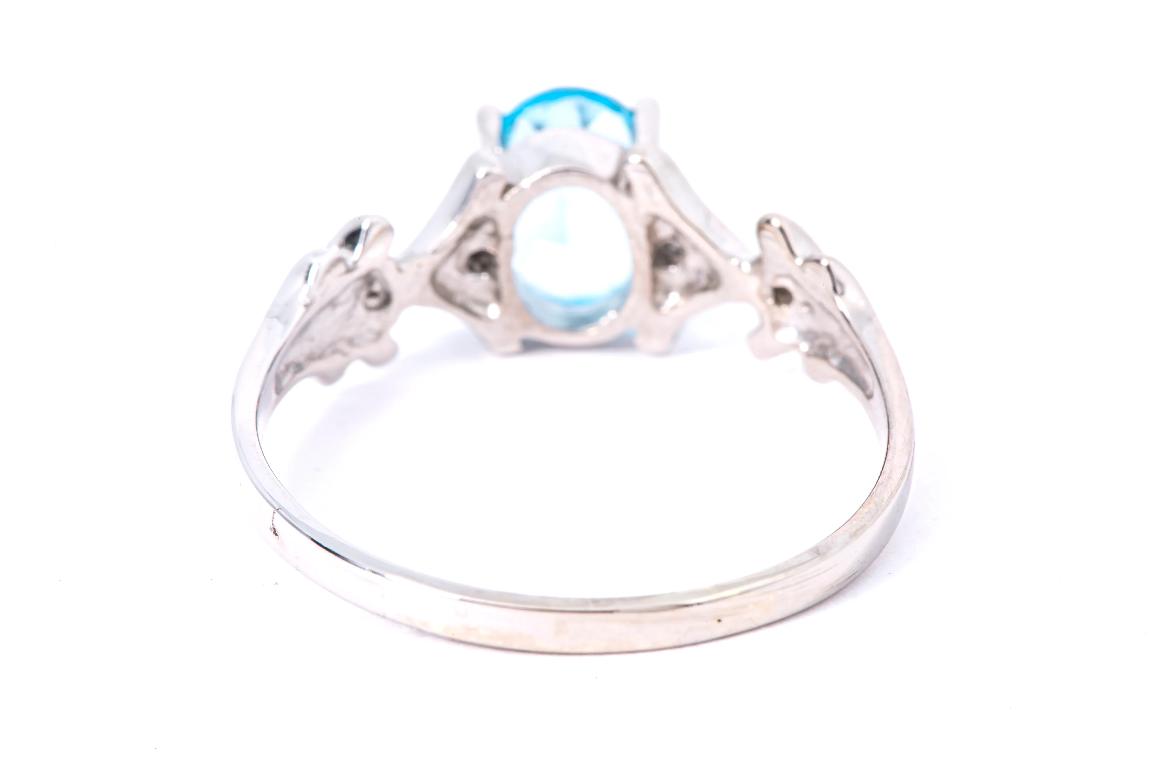 Solid 14kt White Gold Prong-Set Blue Topaz Ring with 4 Diamond Accents Size 10 - Image 3