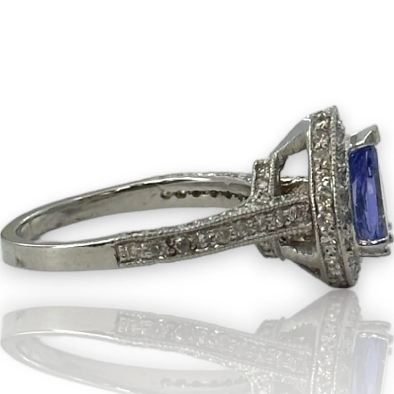 Solid 14kt White Gold Rhodium Plated Pear Shaped Prong Set Tanzanite Solitaire Ring with Diamond Halo Size 7.5 - Image 2