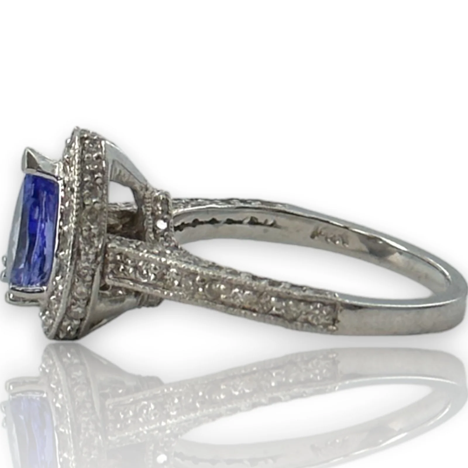Solid 14kt White Gold Rhodium Plated Pear Shaped Prong Set Tanzanite Solitaire Ring with Diamond Halo Size 7.5 - Image 3