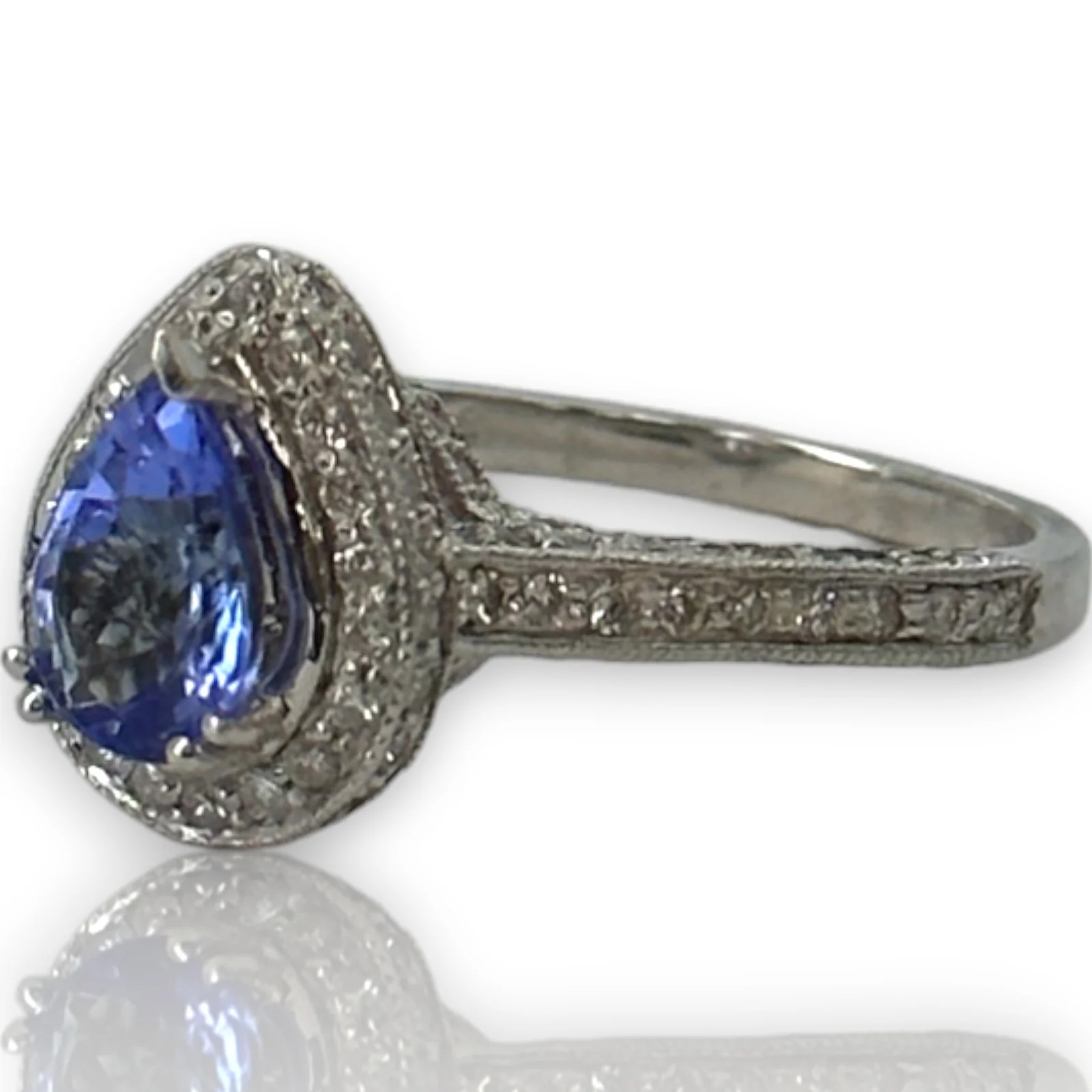 Solid 14kt White Gold Rhodium Plated Pear Shaped Prong Set Tanzanite Solitaire Ring with Diamond Halo Size 7.5 - Image 4