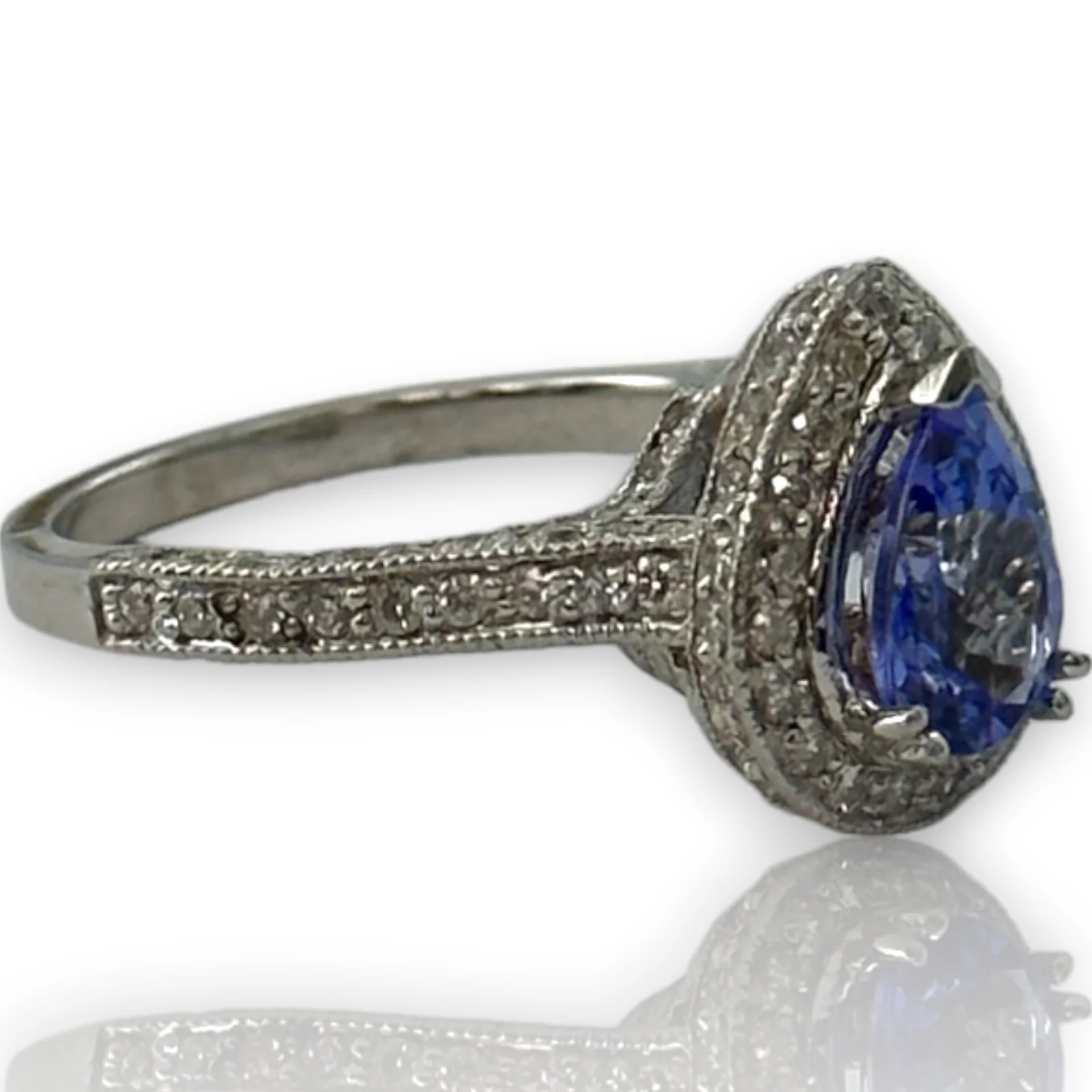 Solid 14kt White Gold Rhodium Plated Pear Shaped Prong Set Tanzanite Solitaire Ring with Diamond Halo Size 7.5 - Image 5