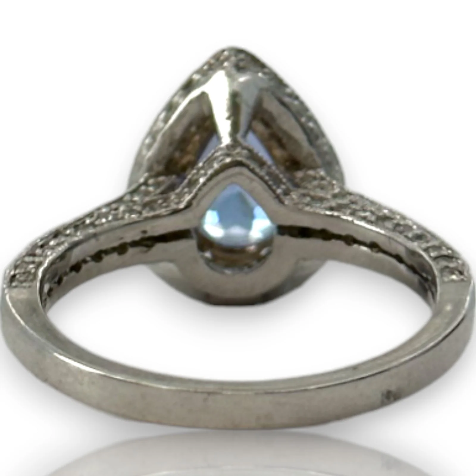 Solid 14kt White Gold Rhodium Plated Pear Shaped Prong Set Tanzanite Solitaire Ring with Diamond Halo Size 7.5 - Image 6