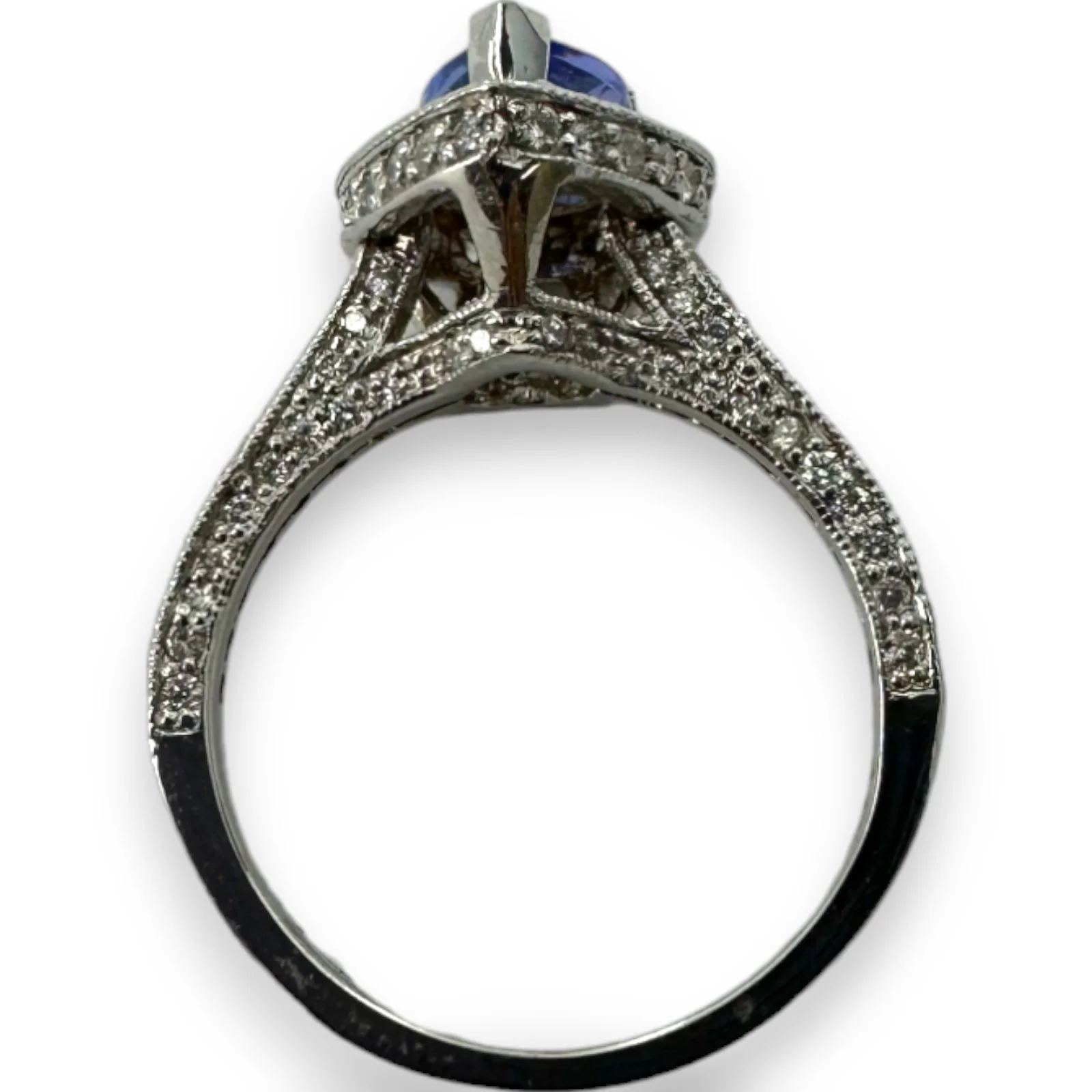 Solid 14kt White Gold Rhodium Plated Pear Shaped Prong Set Tanzanite Solitaire Ring with Diamond Halo Size 7.5 - Image 7