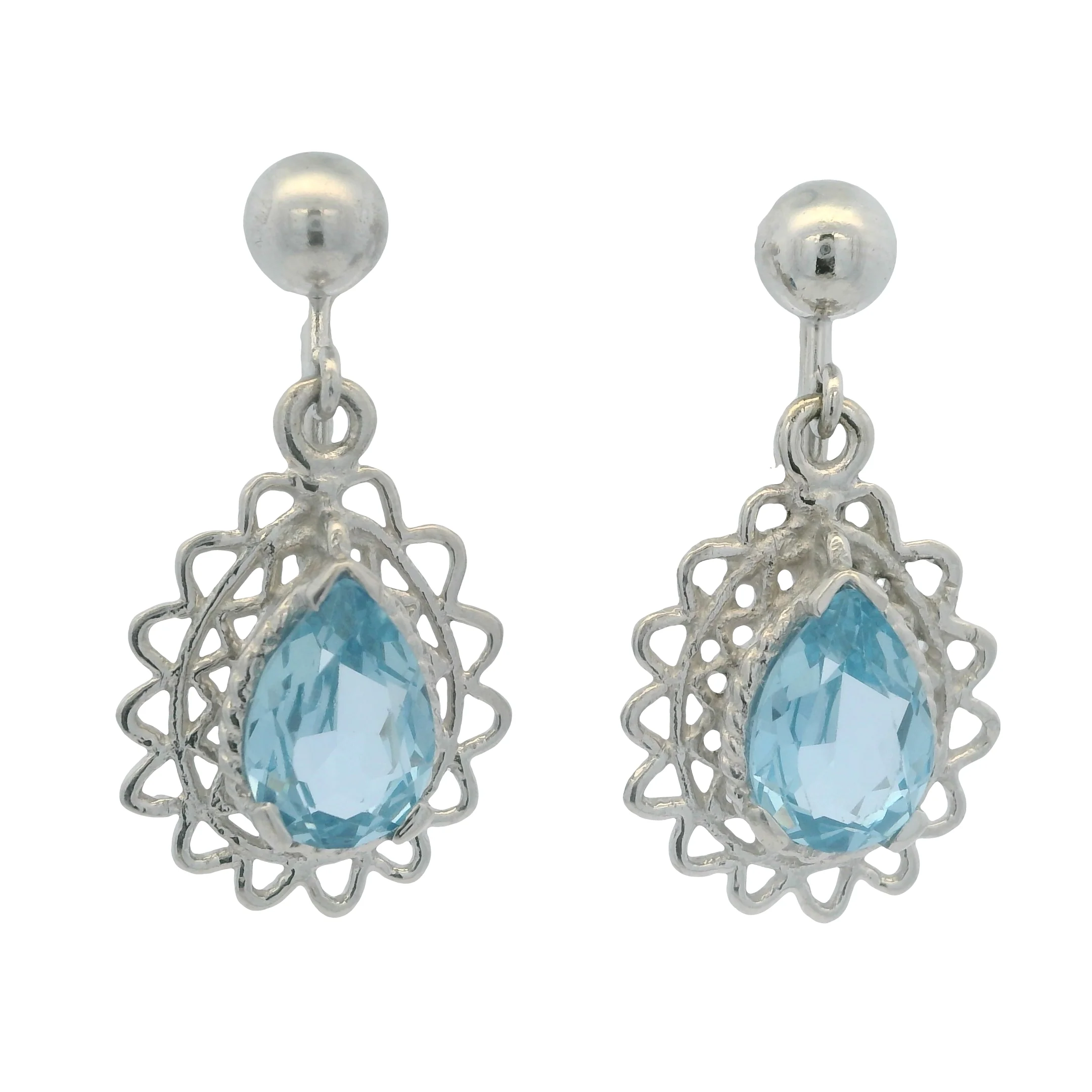 Solid 14kt White Gold Screw-Back Unpierced Drop/Dangle Earrings with Pear Blue Topaz - Image 2