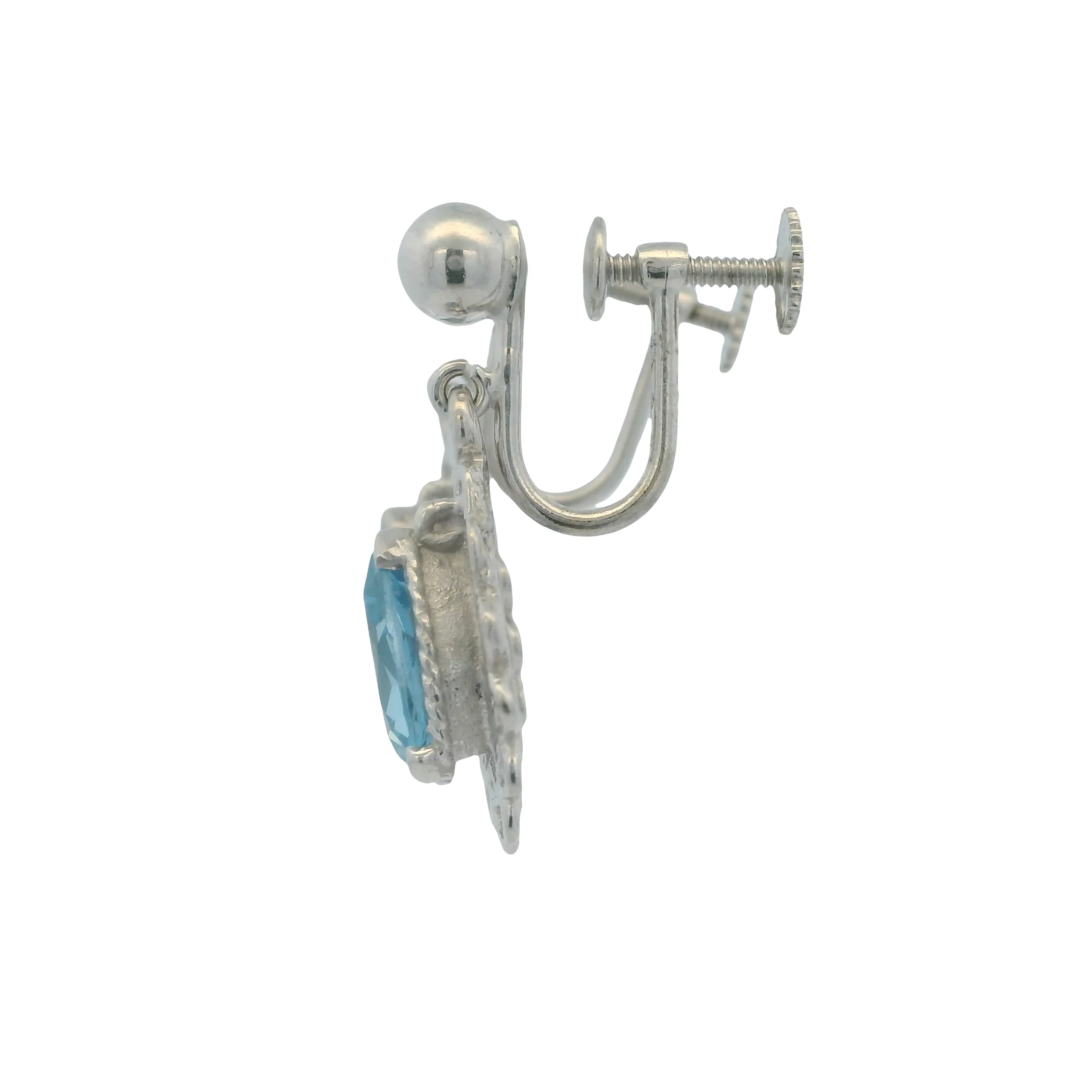Solid 14kt White Gold Screw-Back Unpierced Drop/Dangle Earrings with Pear Blue Topaz - Image 4