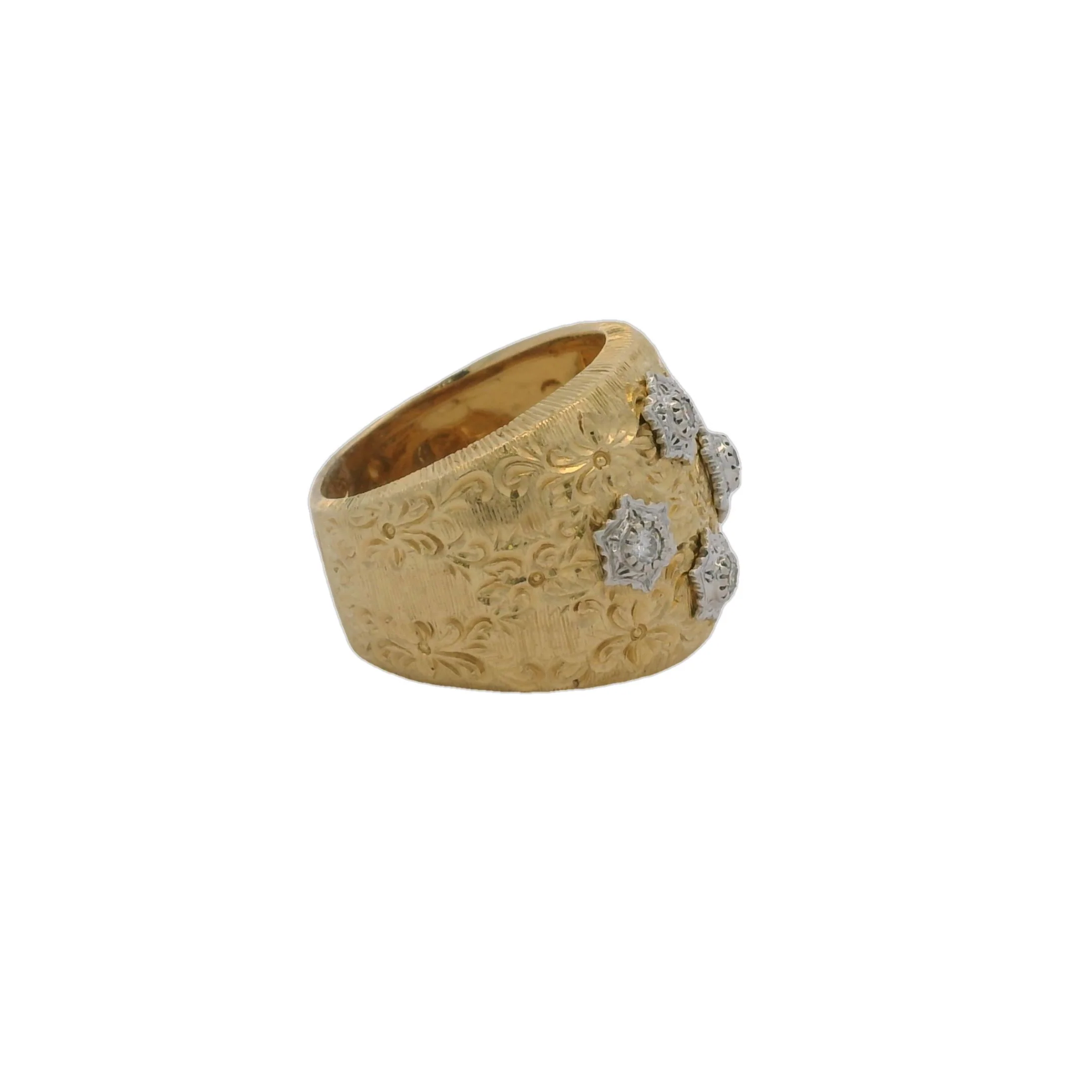 Solid 14kt Yellow and White Gold 19mm Wide Floral Engraved Cocktail Ring with 7 Diamonds Size 7 - Image 2