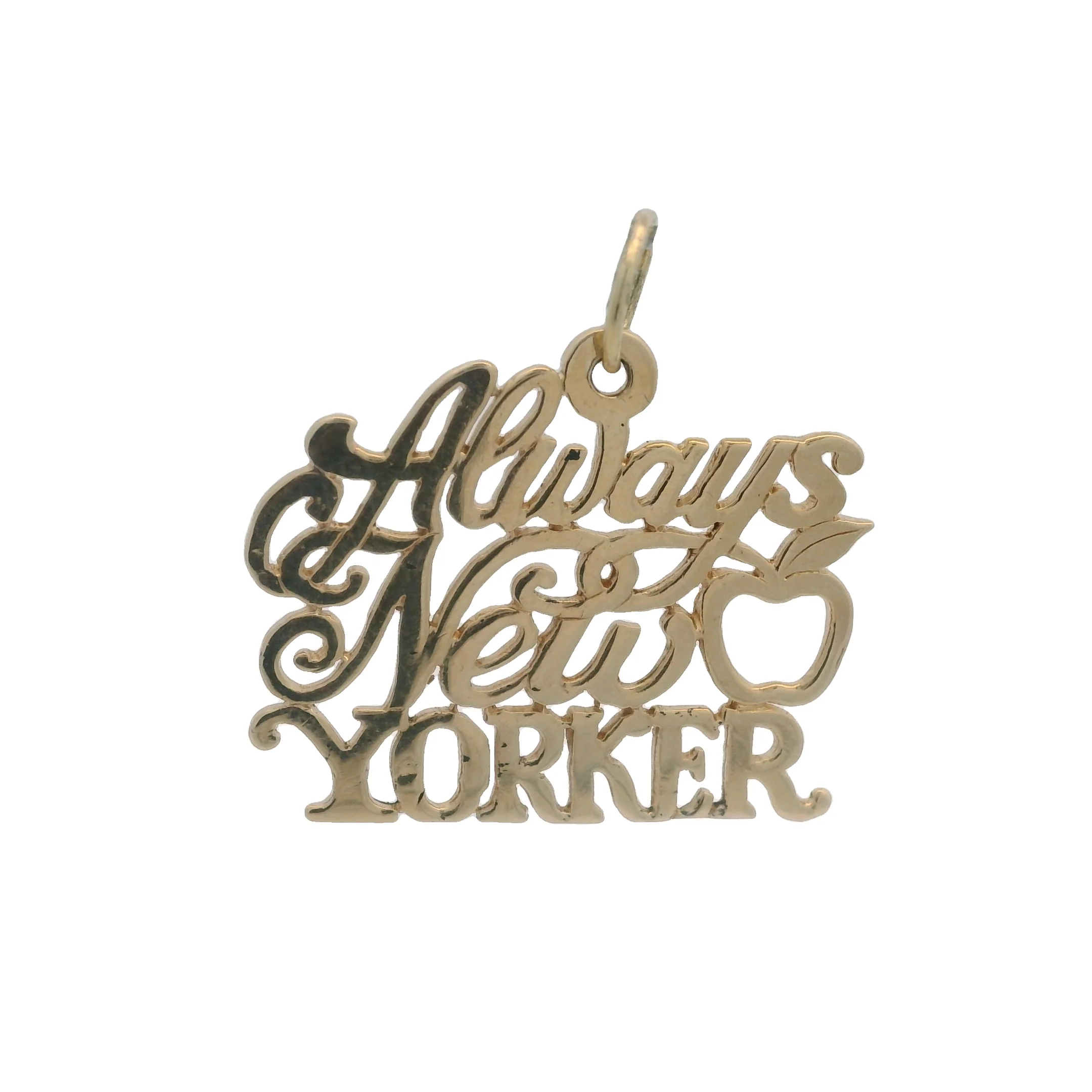 Solid 14kt Yellow Gold "Always New Yorker" Pendant with Apple - Image 3