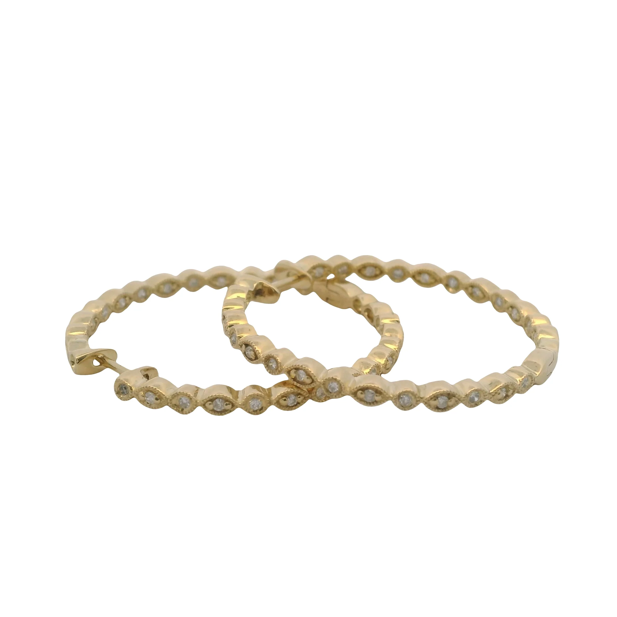 Solid 14kt Yellow Gold and Diamond Inside and Out 1.3" 38mm Long Hoops - Image 3