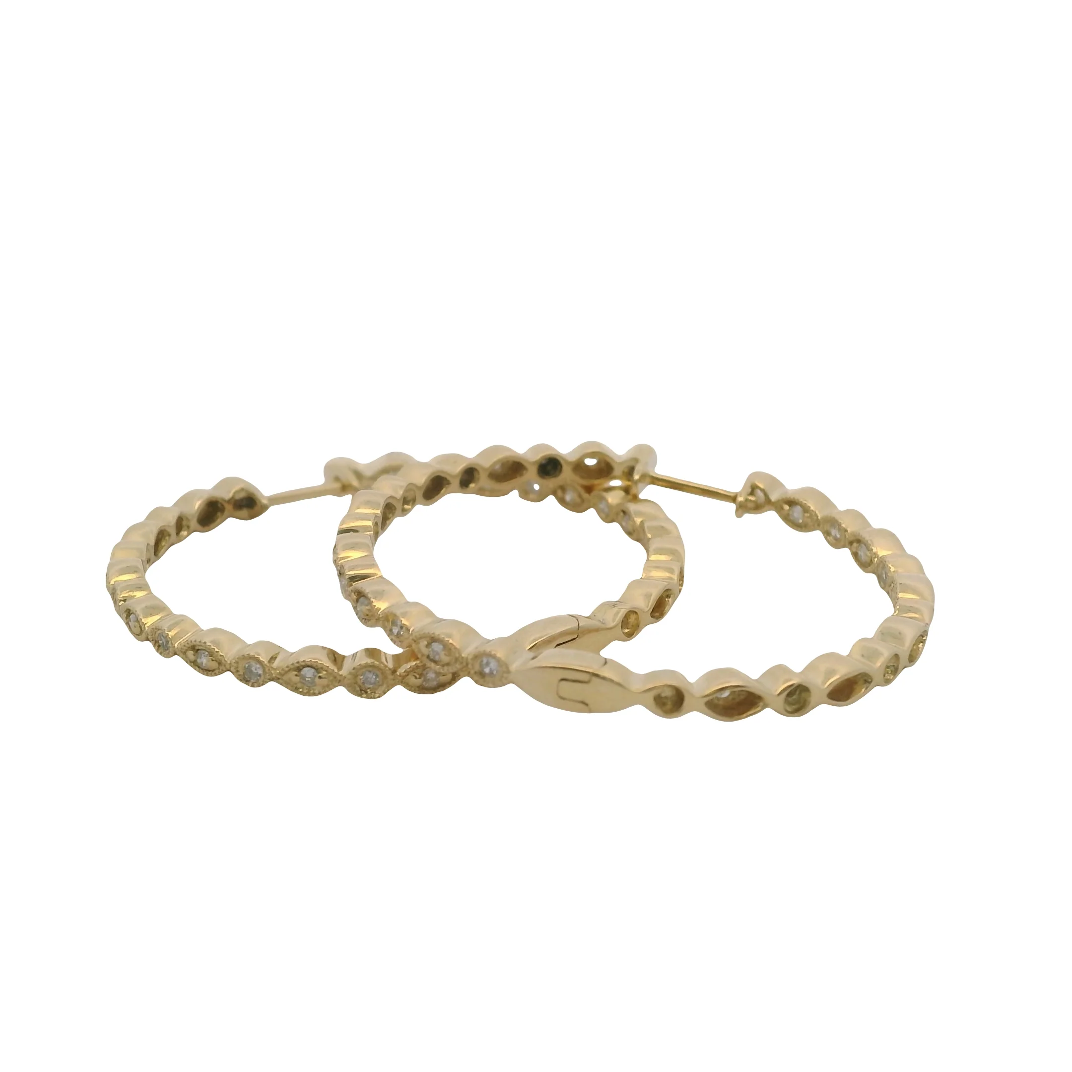 Solid 14kt Yellow Gold and Diamond Inside and Out 1.3" 38mm Long Hoops - Image 4