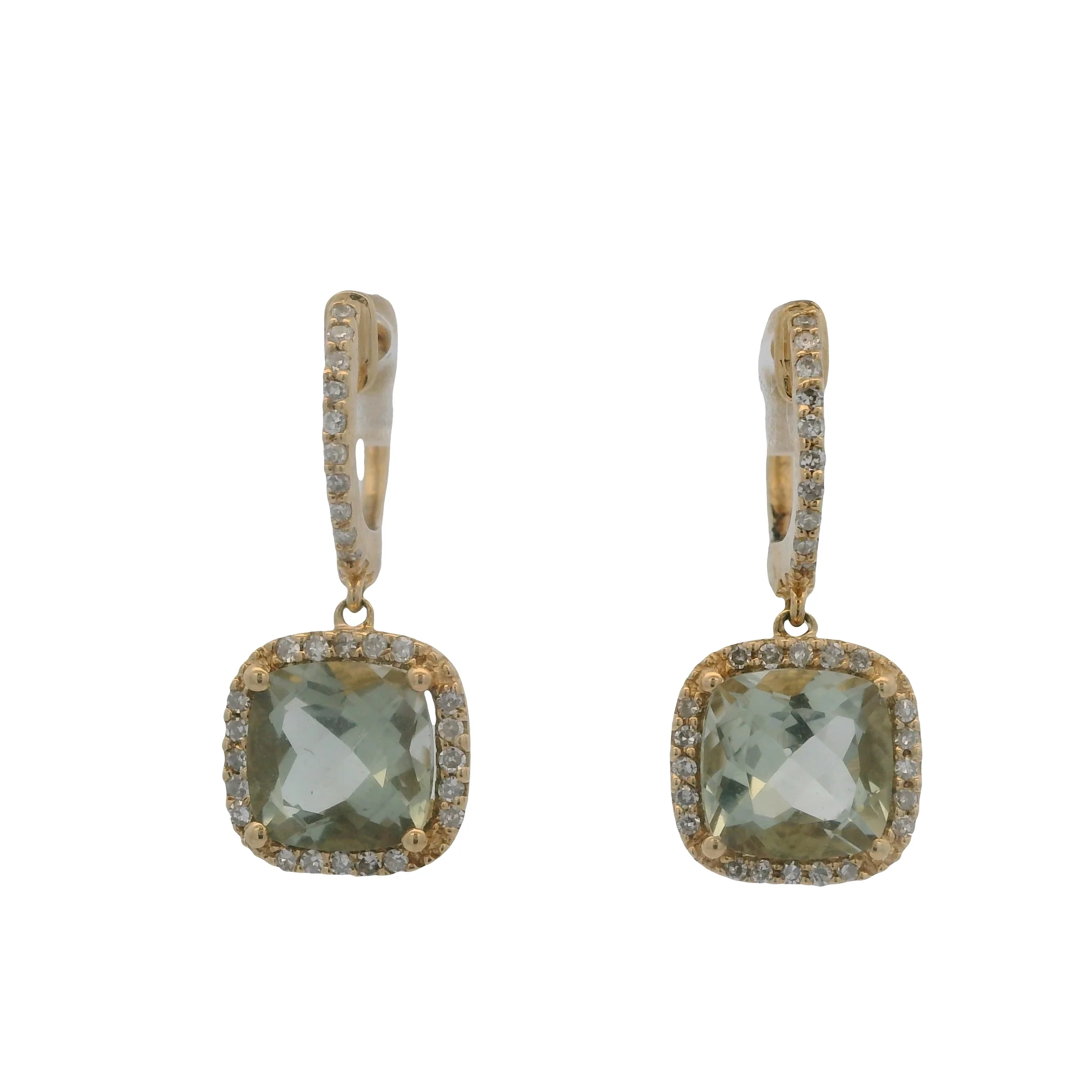 Solid 14kt Yellow Gold and Green Beryl Drop/Dangle Earrings With Diamond Halo/Accents - Image 2