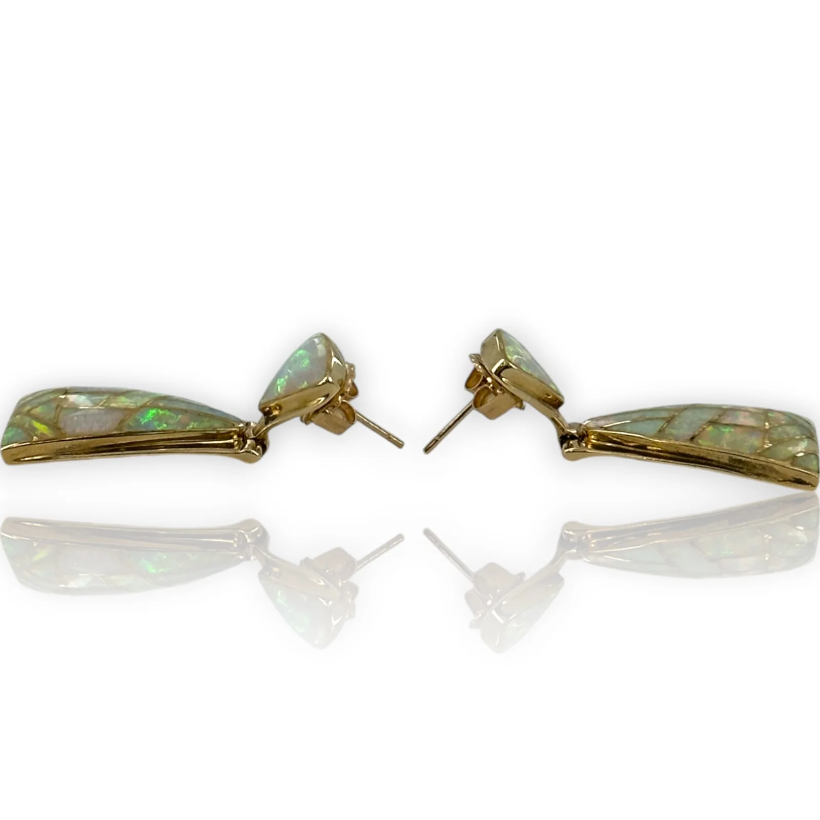 Solid 14kt Yellow Gold and Inlaid Vivid Fire Opal 1.33" Long Drop/Dangle Earrings - Image 3