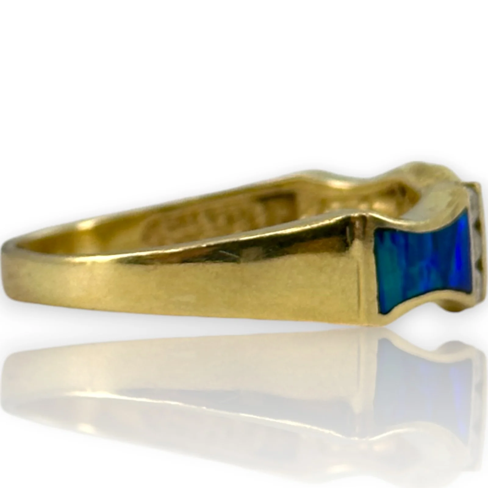 Solid 14kt Yellow Gold and Lab Black Opal Stackable Fashion Ring with 6 Diamonds Size 9.5 - Image 2