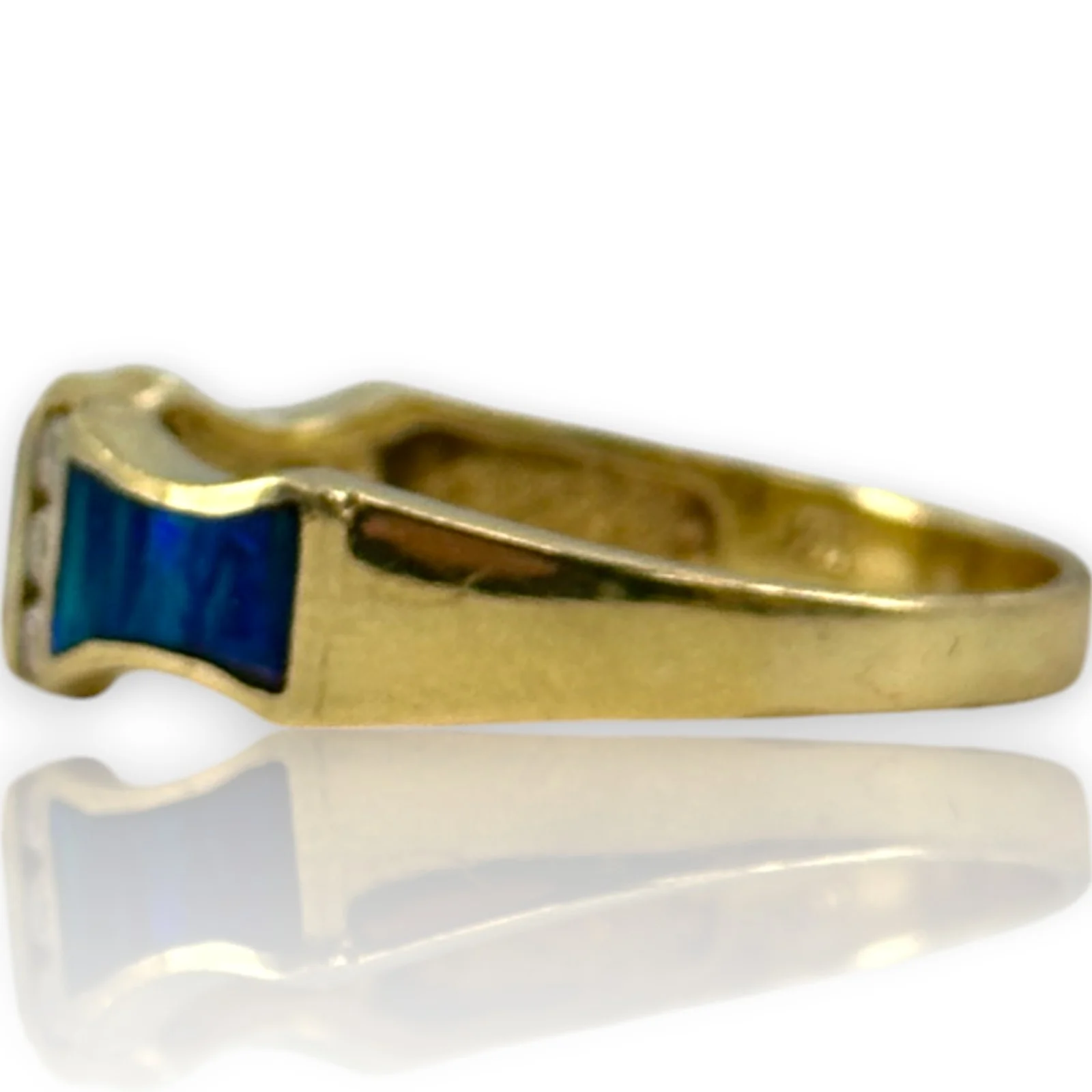 Solid 14kt Yellow Gold and Lab Black Opal Stackable Fashion Ring with 6 Diamonds Size 9.5 - Image 3