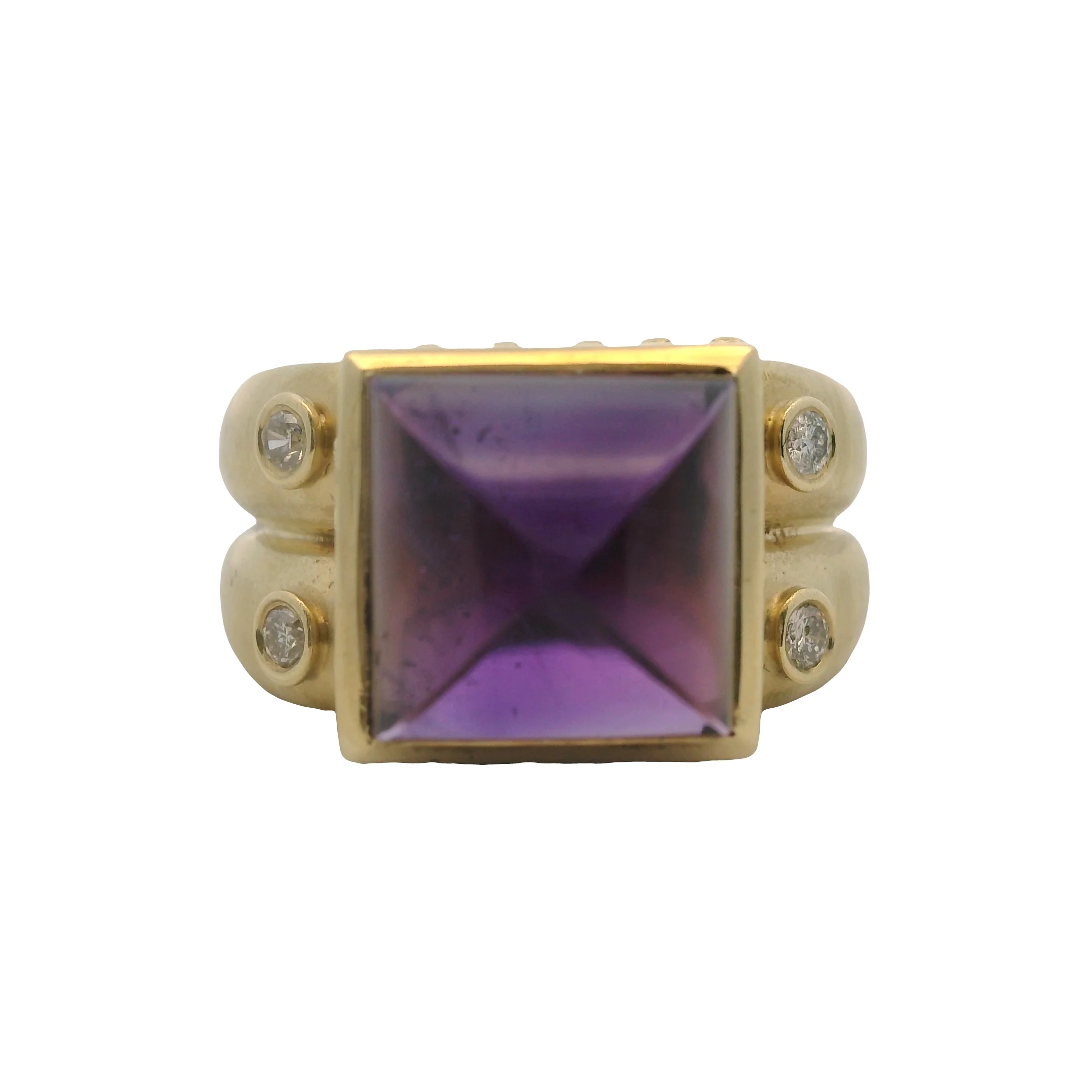 Solid 14kt Yellow Gold and Sugarloaf Amethyst Statement Ring with 4 Accent Diamonds Size 6.5