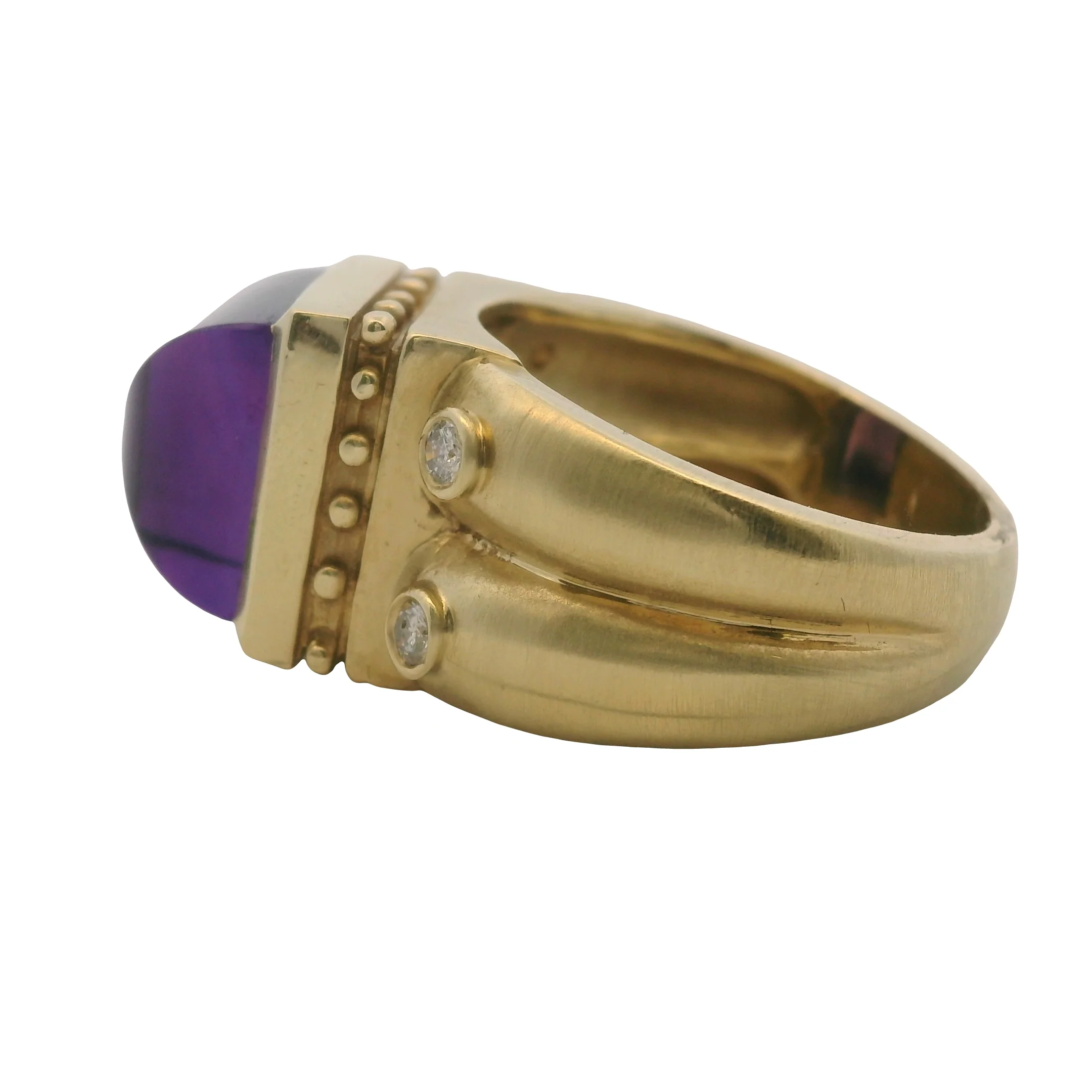 Solid 14kt Yellow Gold and Sugarloaf Amethyst Statement Ring with 4 Accent Diamonds Size 6.5 - Image 3