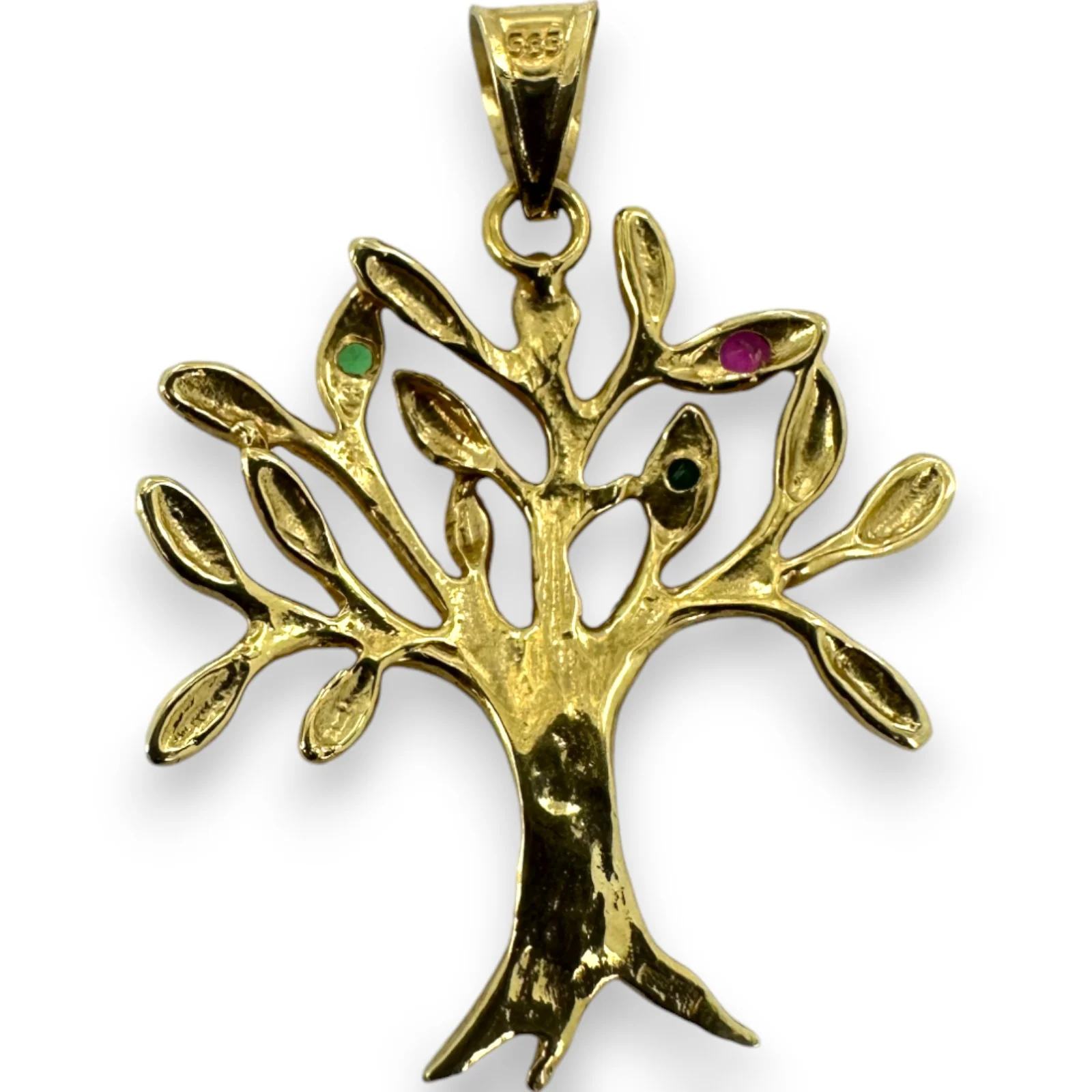 Solid 14kt Yellow Gold Family Tree/Tree of Life Necklace Pendant with One Lab Ruby and 2 Lab Emeralds - Image 3