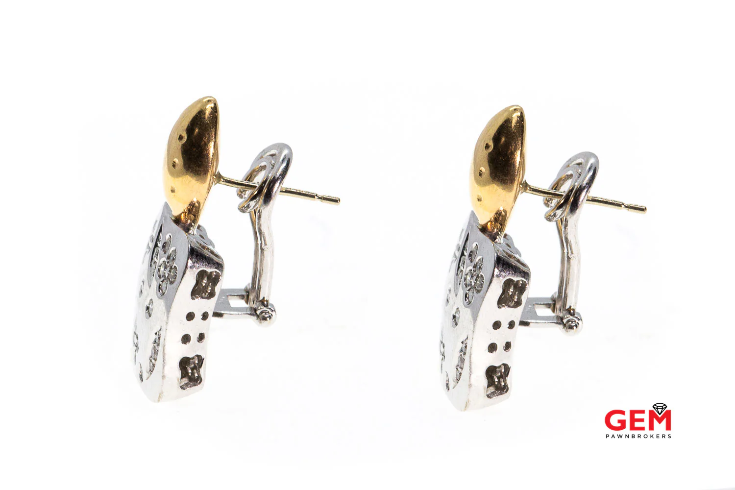 Solid 18K 750 Solid White Yellow Gold Diamond Floral Flower Drop Earrings - Image 2