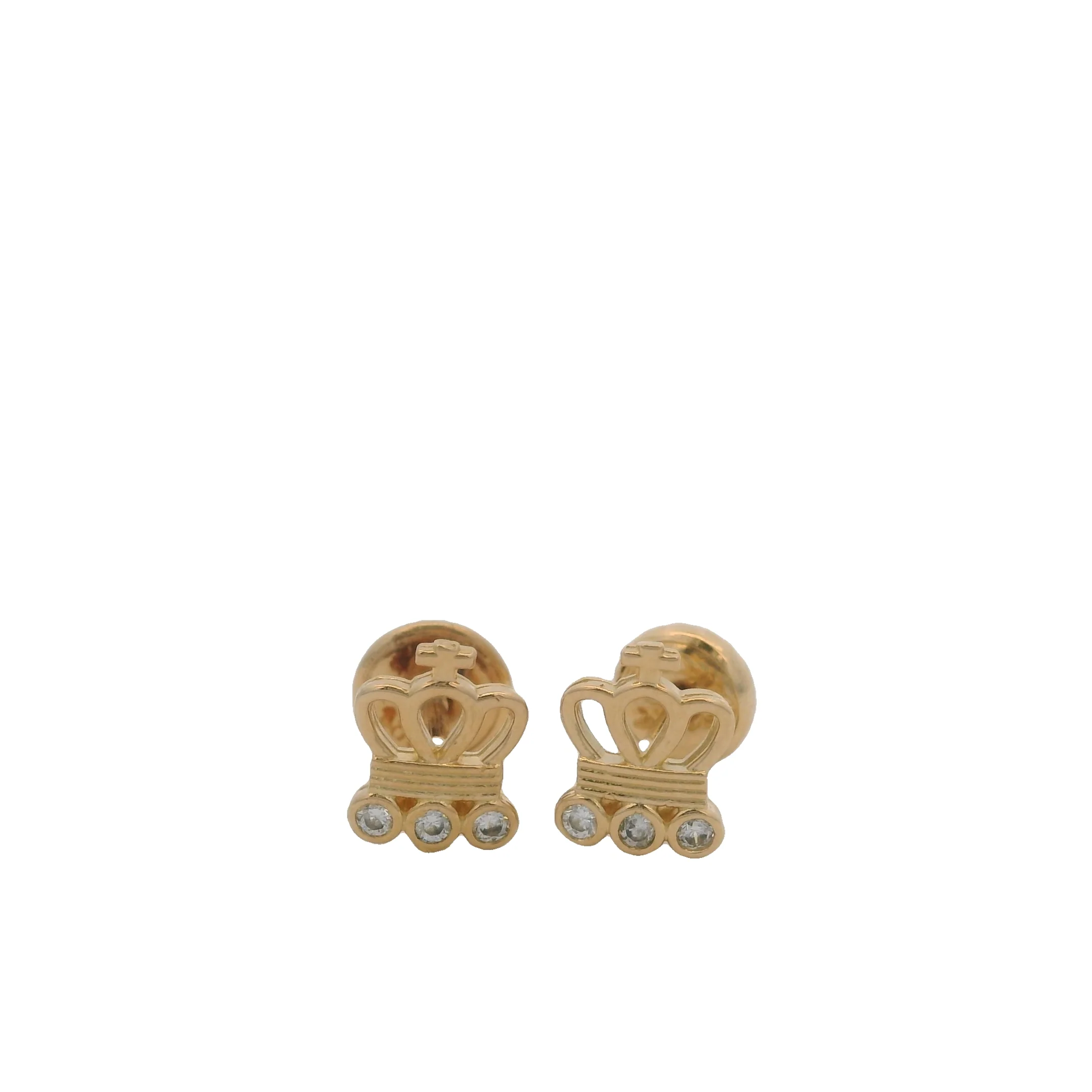 Solid 18k Yellow Gold and CZ Cubic Zirconia Crown Pierced Screw-Back Stud Earrings - Image 2