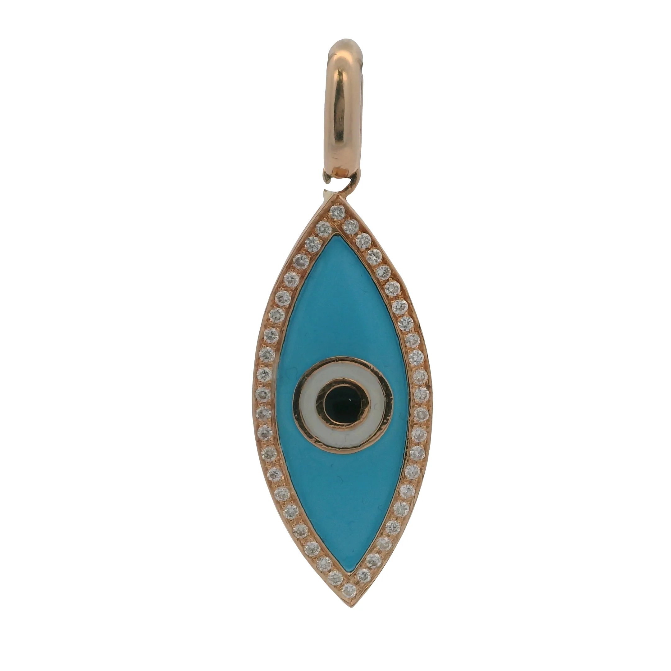 Solid 18kt Rose Gold Colored Enamel and Diamonds Large Evil Eye Necklace Pendant - Image 2
