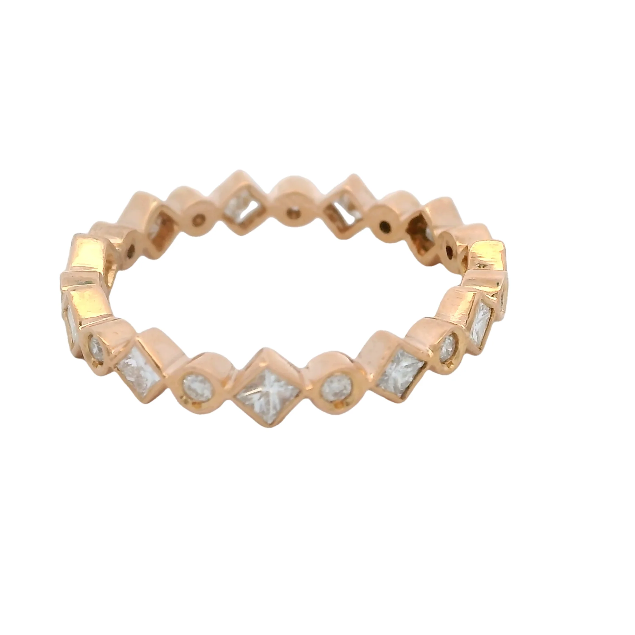 Solid 18kt Rose Gold Round and Princess Cut Alternating Diamond Band - Image 2