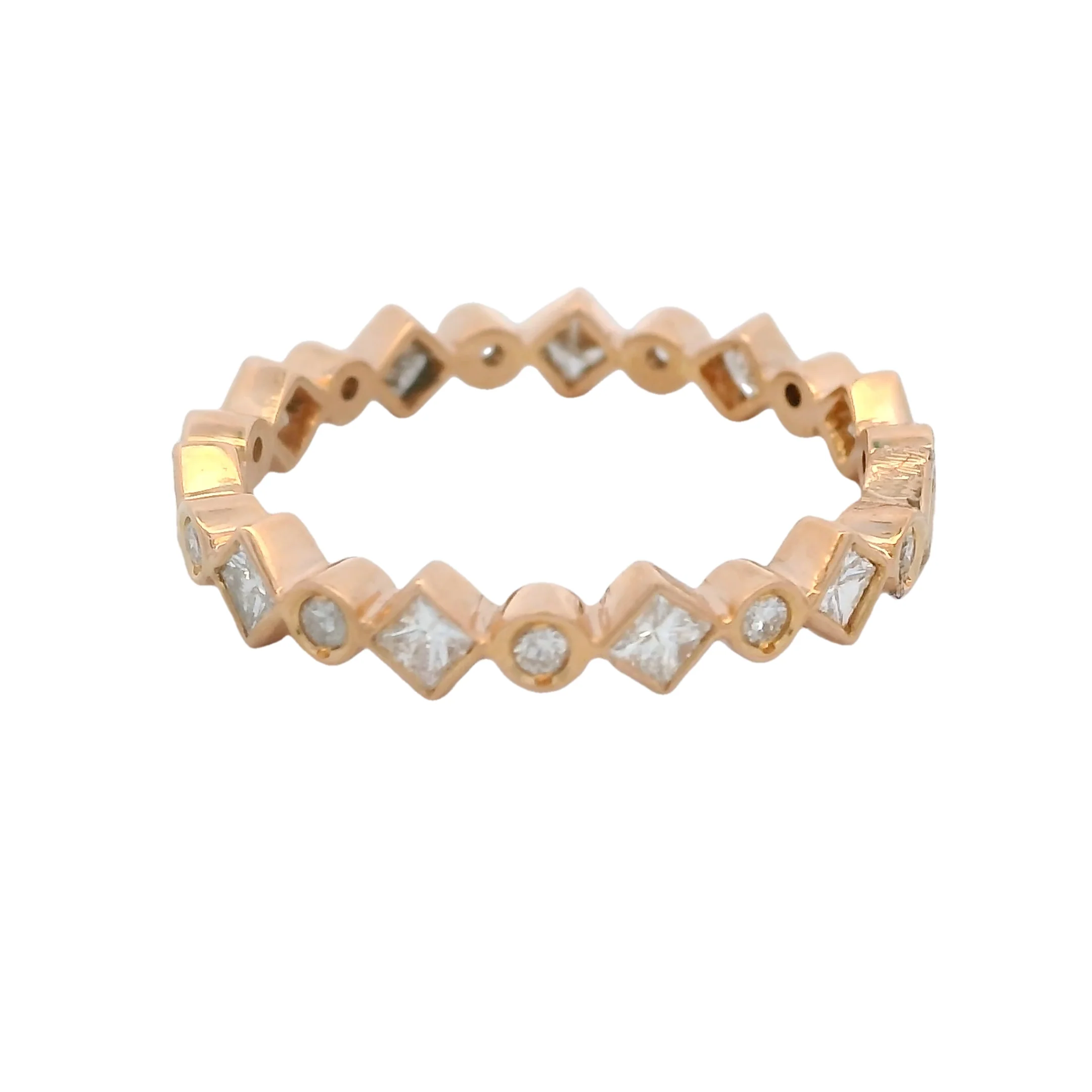 Solid 18kt Rose Gold Round and Princess Cut Alternating Diamond Band - Image 3