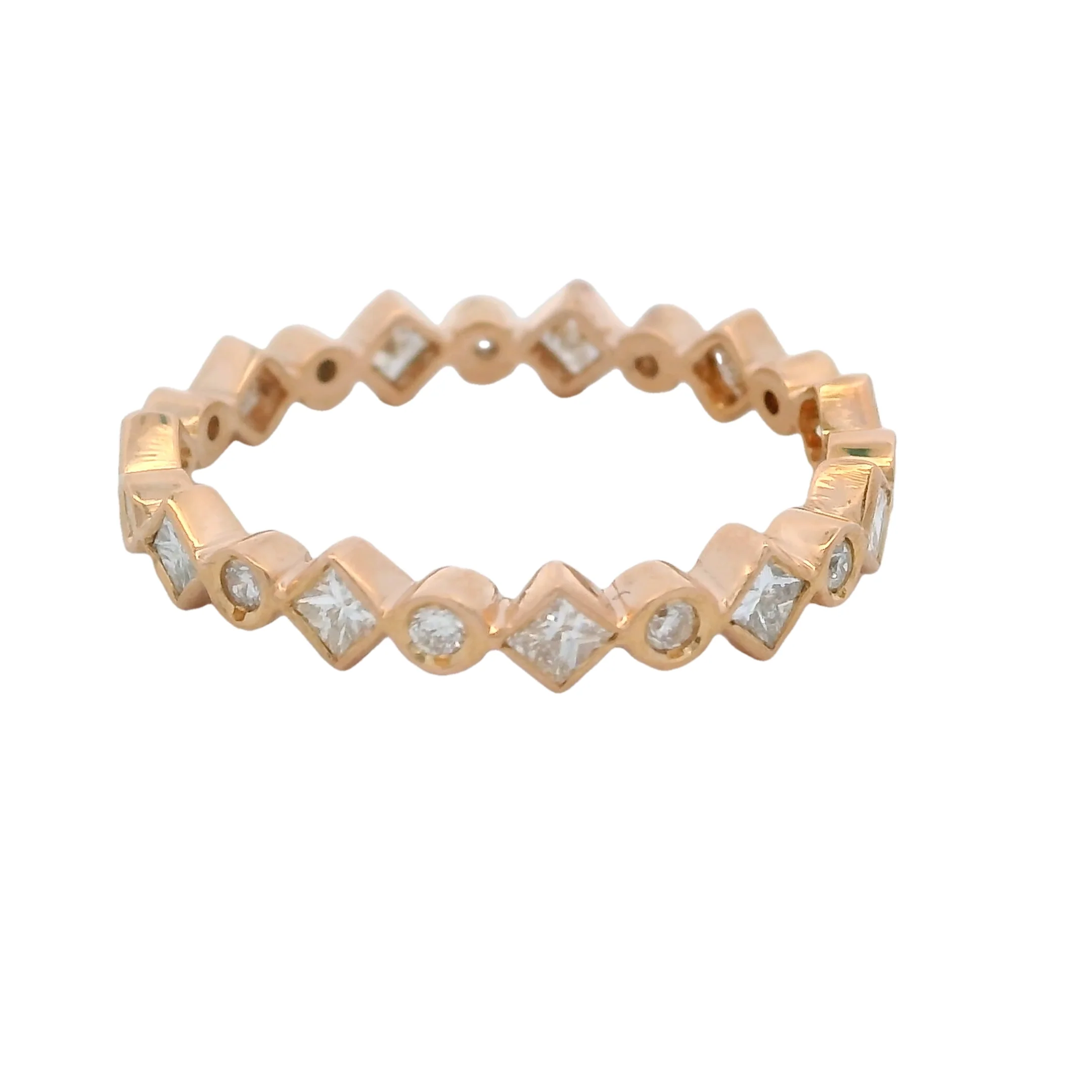 Solid 18kt Rose Gold Round and Princess Cut Alternating Diamond Band - Image 4