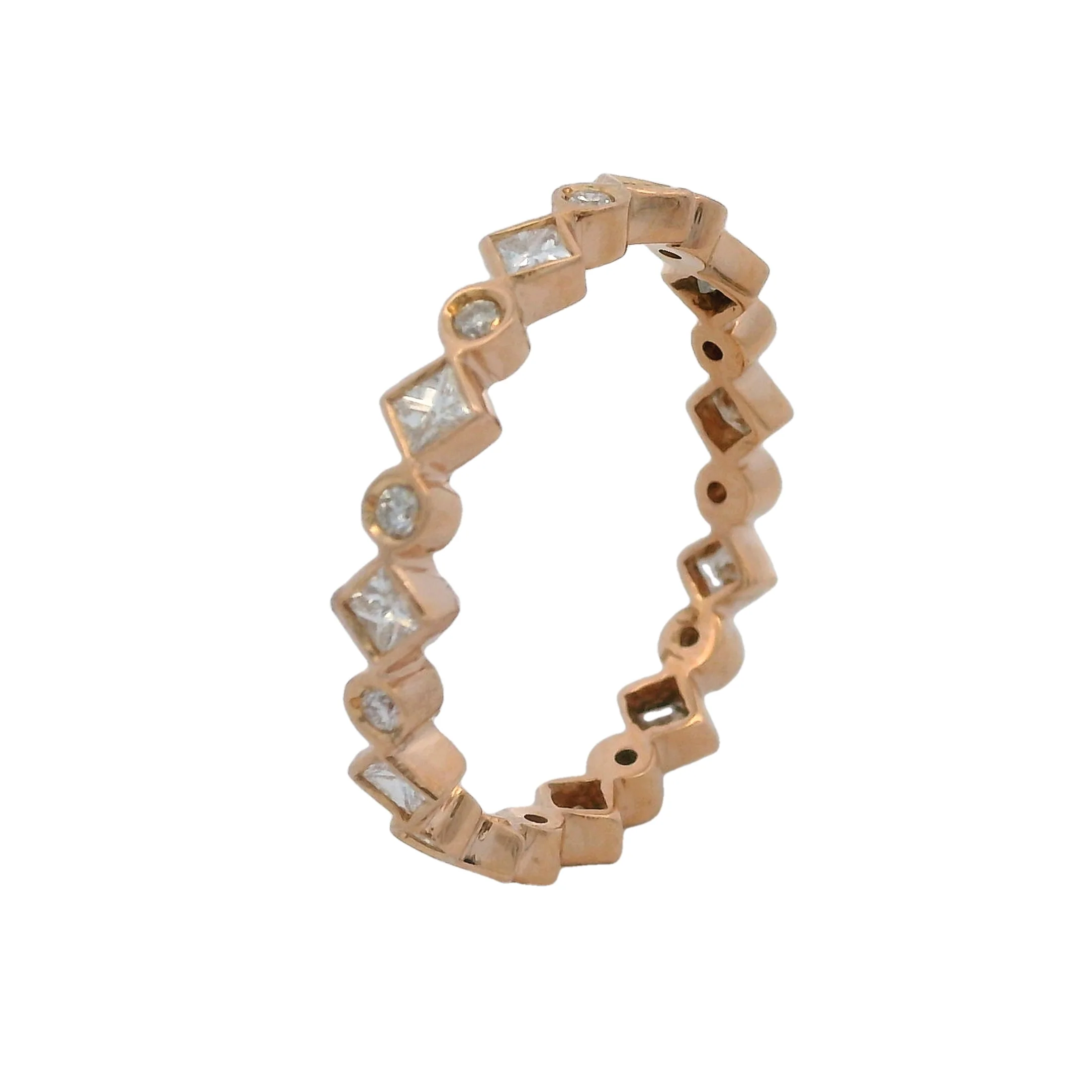 Solid 18kt Rose Gold Round and Princess Cut Alternating Diamond Band - Image 5