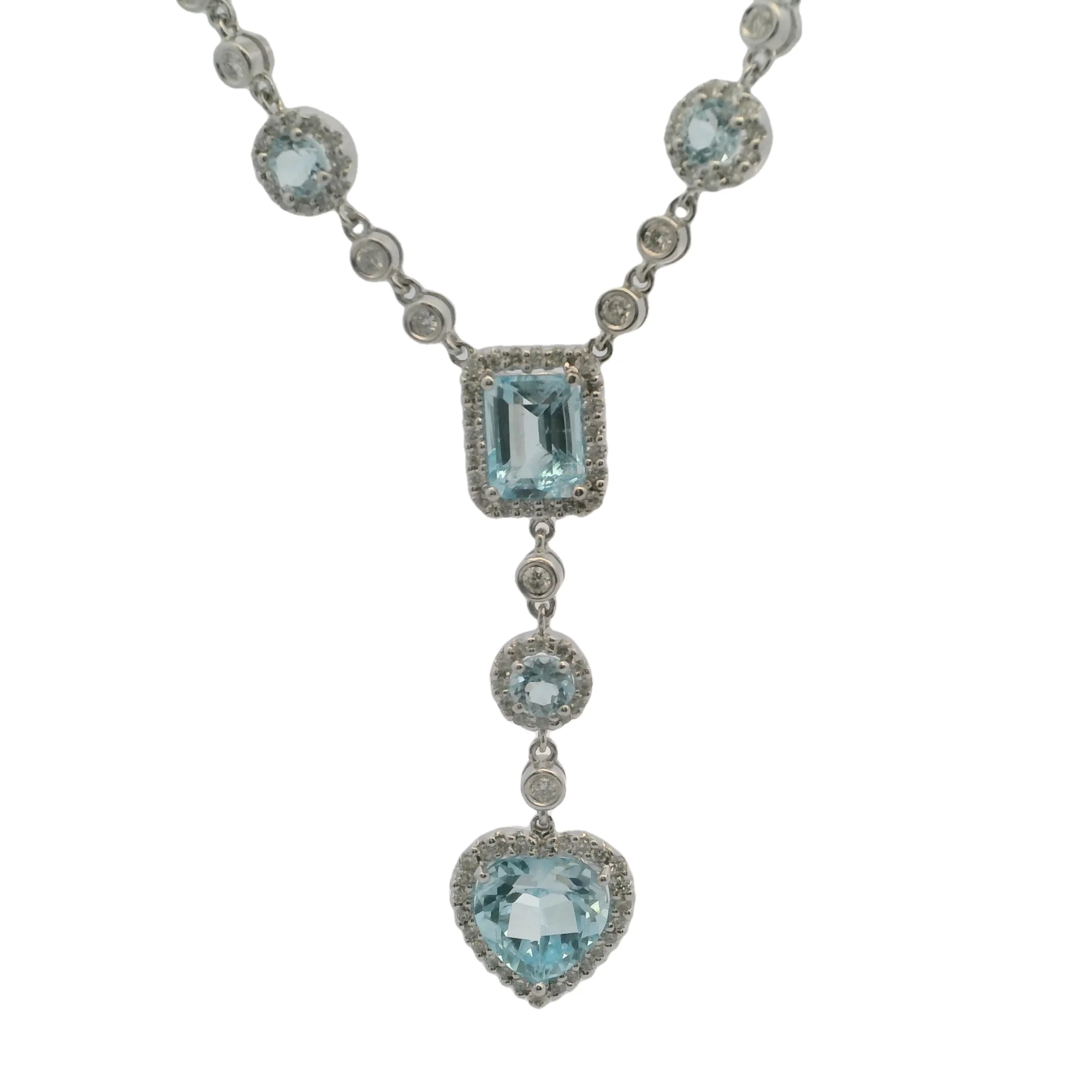 Solid 18kt White Gold 16" Necklace with Heart, Rectangular, and Round Cut Light Blue Topaz 1.7" Drop Pendant and Diamond Accents - Image 2
