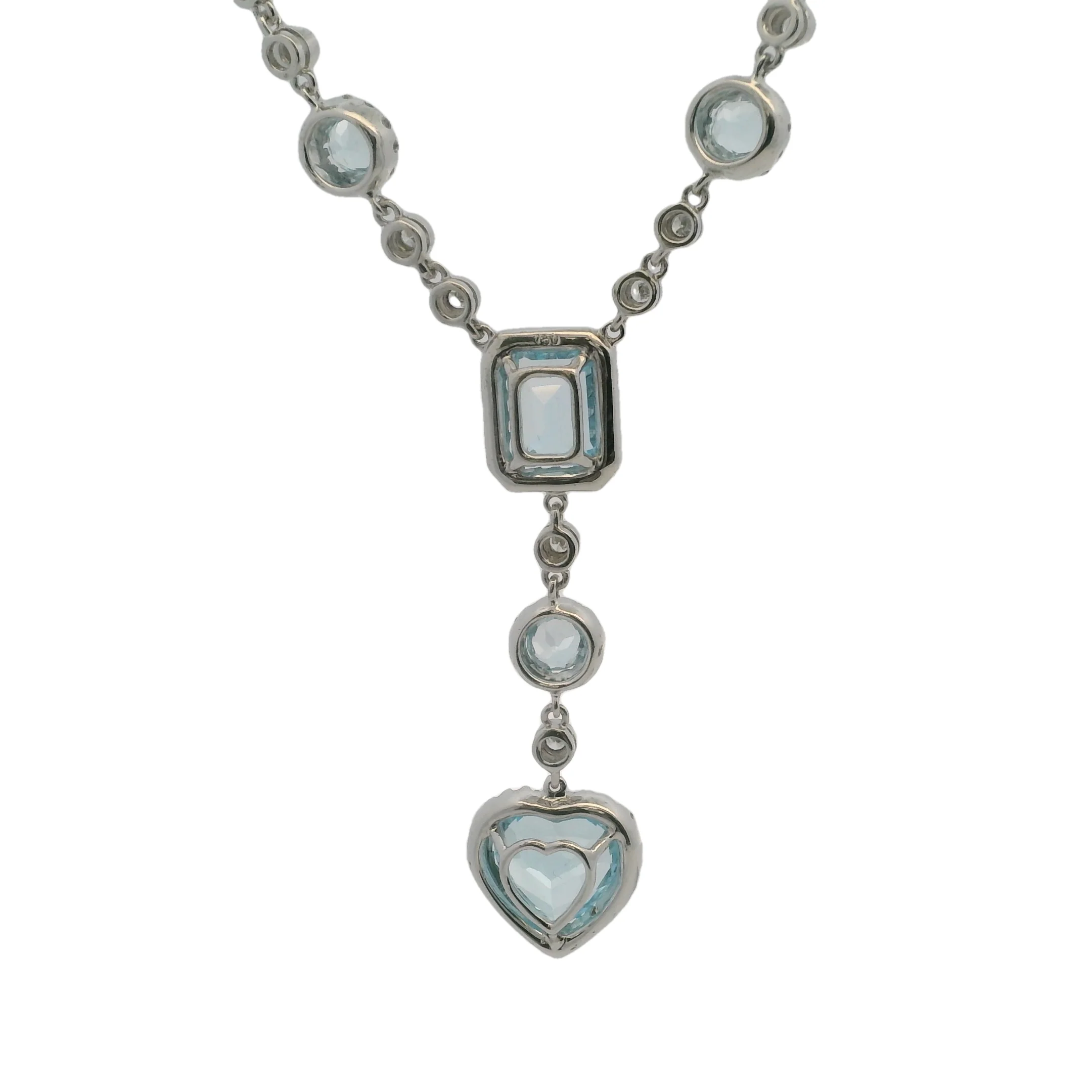 Solid 18kt White Gold 16" Necklace with Heart, Rectangular, and Round Cut Light Blue Topaz 1.7" Drop Pendant and Diamond Accents - Image 3