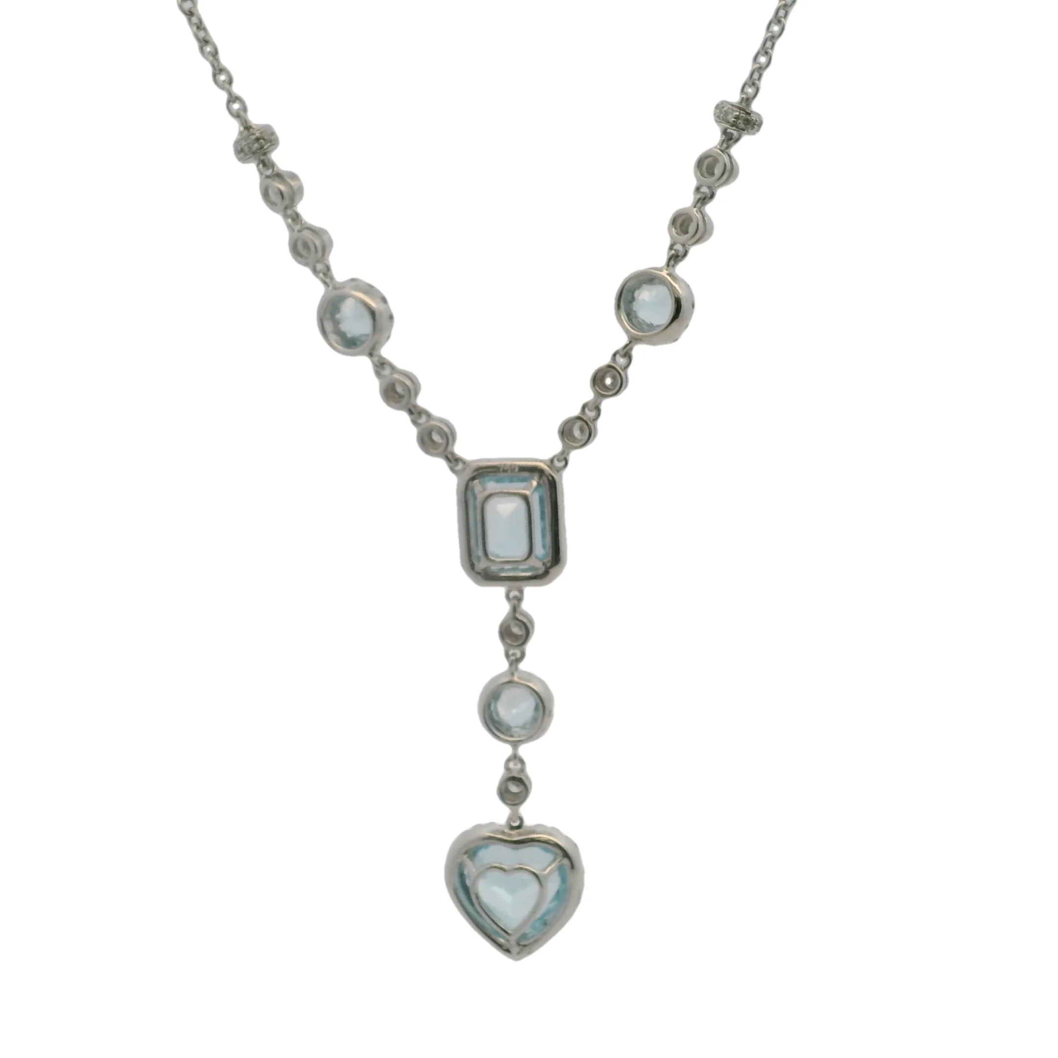 Solid 18kt White Gold 16" Necklace with Heart, Rectangular, and Round Cut Light Blue Topaz 1.7" Drop Pendant and Diamond Accents - Image 4