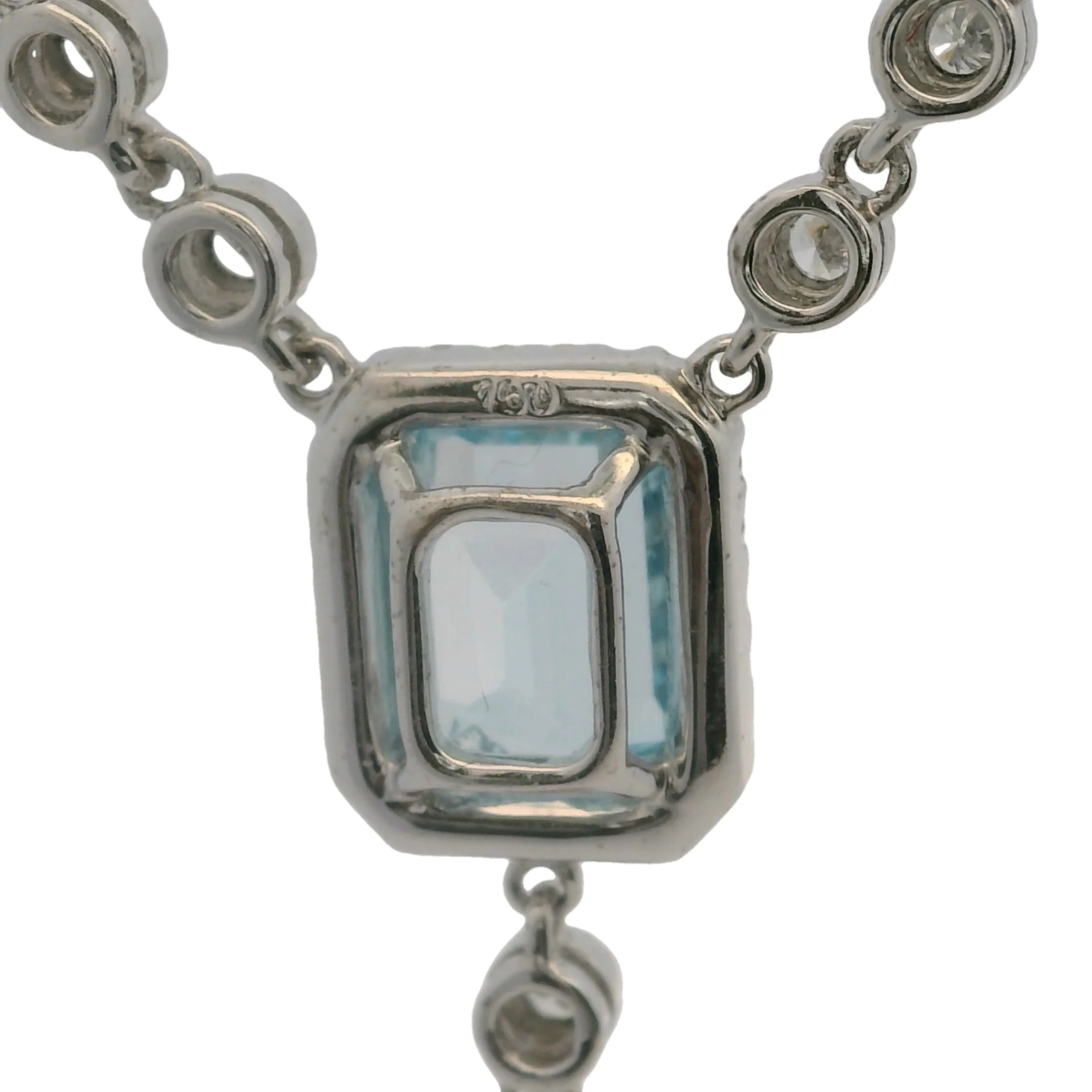Solid 18kt White Gold 16" Necklace with Heart, Rectangular, and Round Cut Light Blue Topaz 1.7" Drop Pendant and Diamond Accents - Image 6