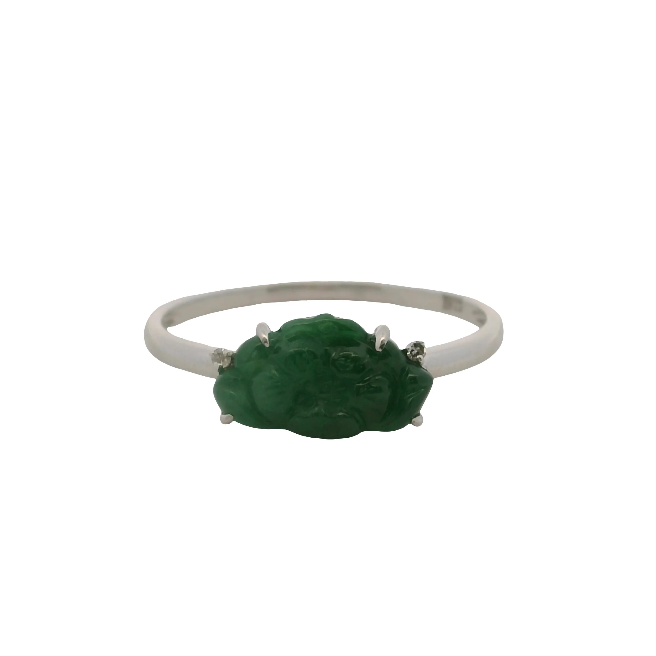 Solid 18kt White Gold and Carved Jade Flower and Diamond Ring Size 7.25 - Image 2