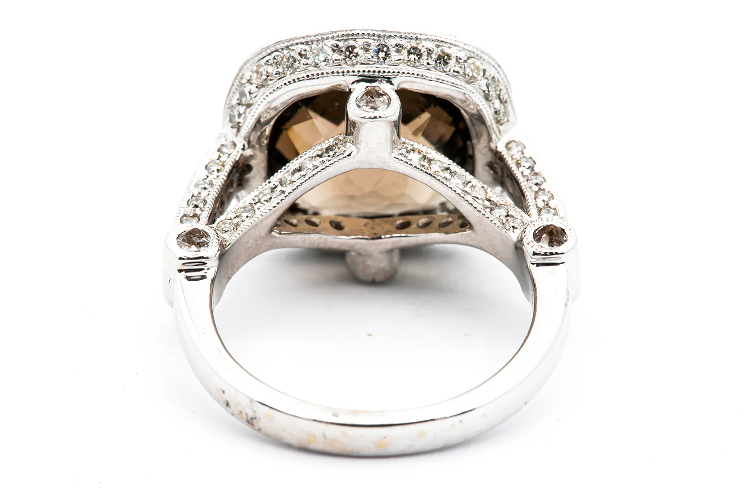 Solid 18kt White Gold and Checkerboard Cut Smokey Quartz Cocktail Ring with Full-Coverage Diamond Halo and Sides - Image 2