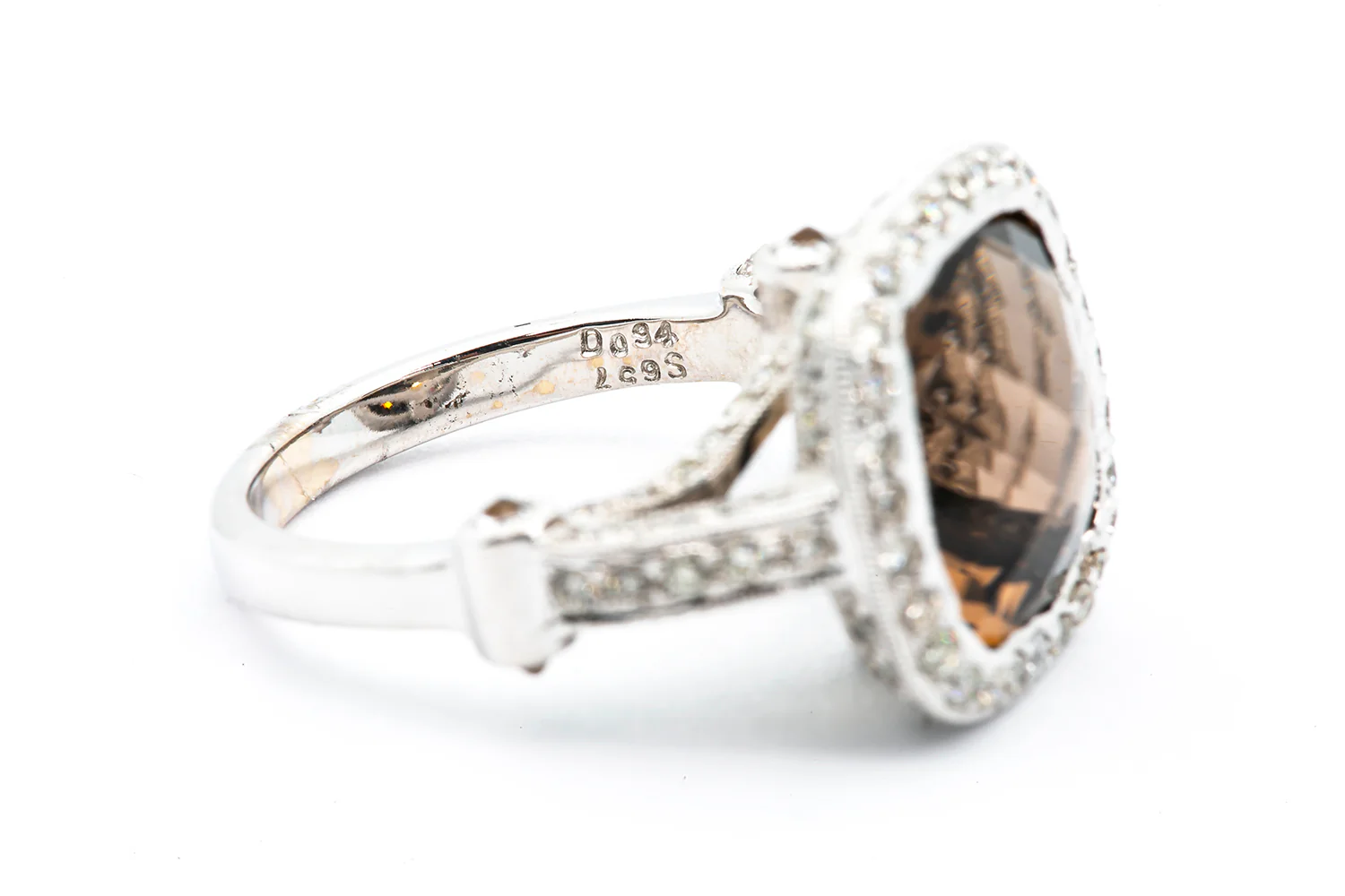 Solid 18kt White Gold and Checkerboard Cut Smokey Quartz Cocktail Ring with Full-Coverage Diamond Halo and Sides - Image 3