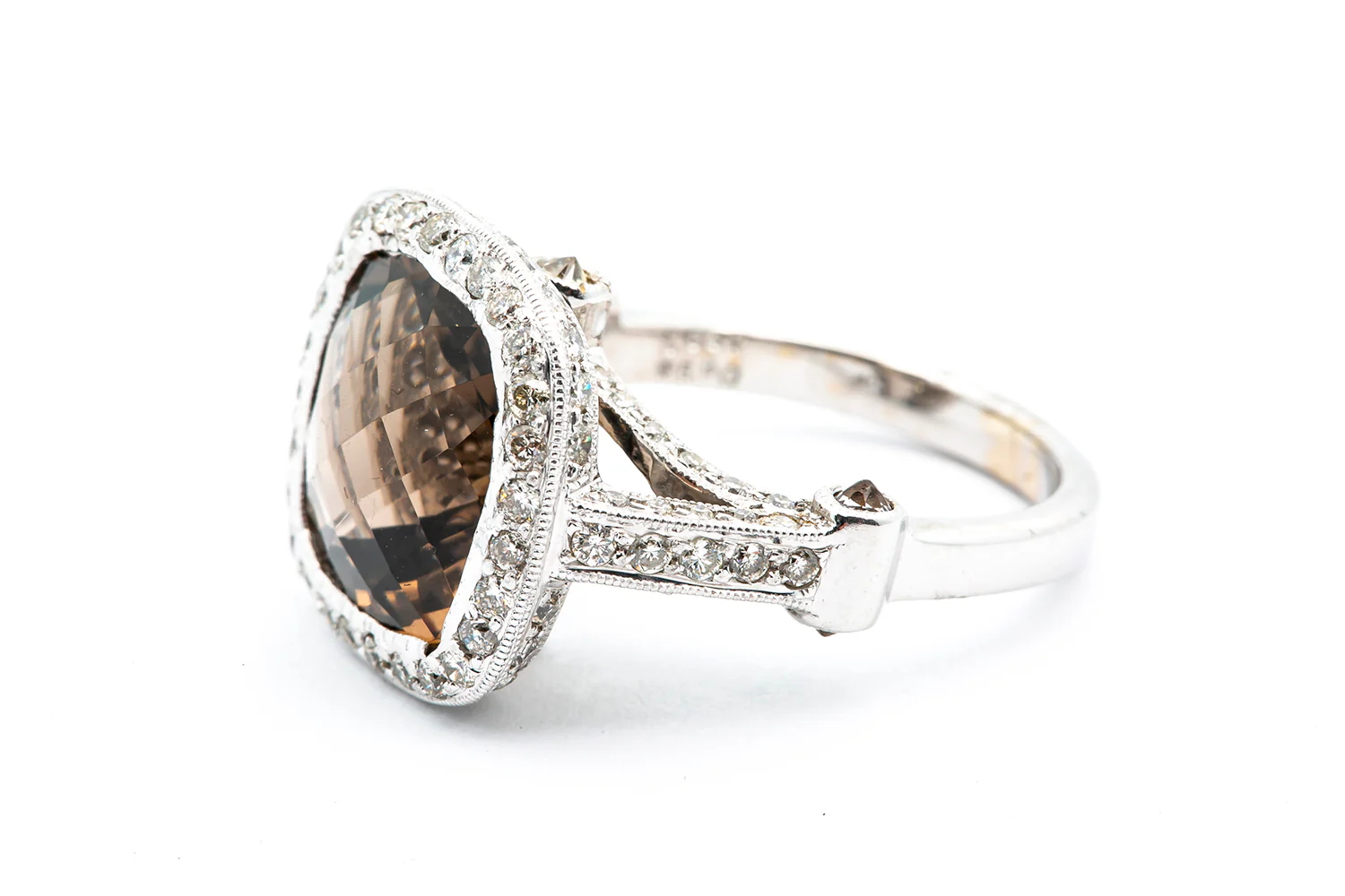 Solid 18kt White Gold and Checkerboard Cut Smokey Quartz Cocktail Ring with Full-Coverage Diamond Halo and Sides - Image 4