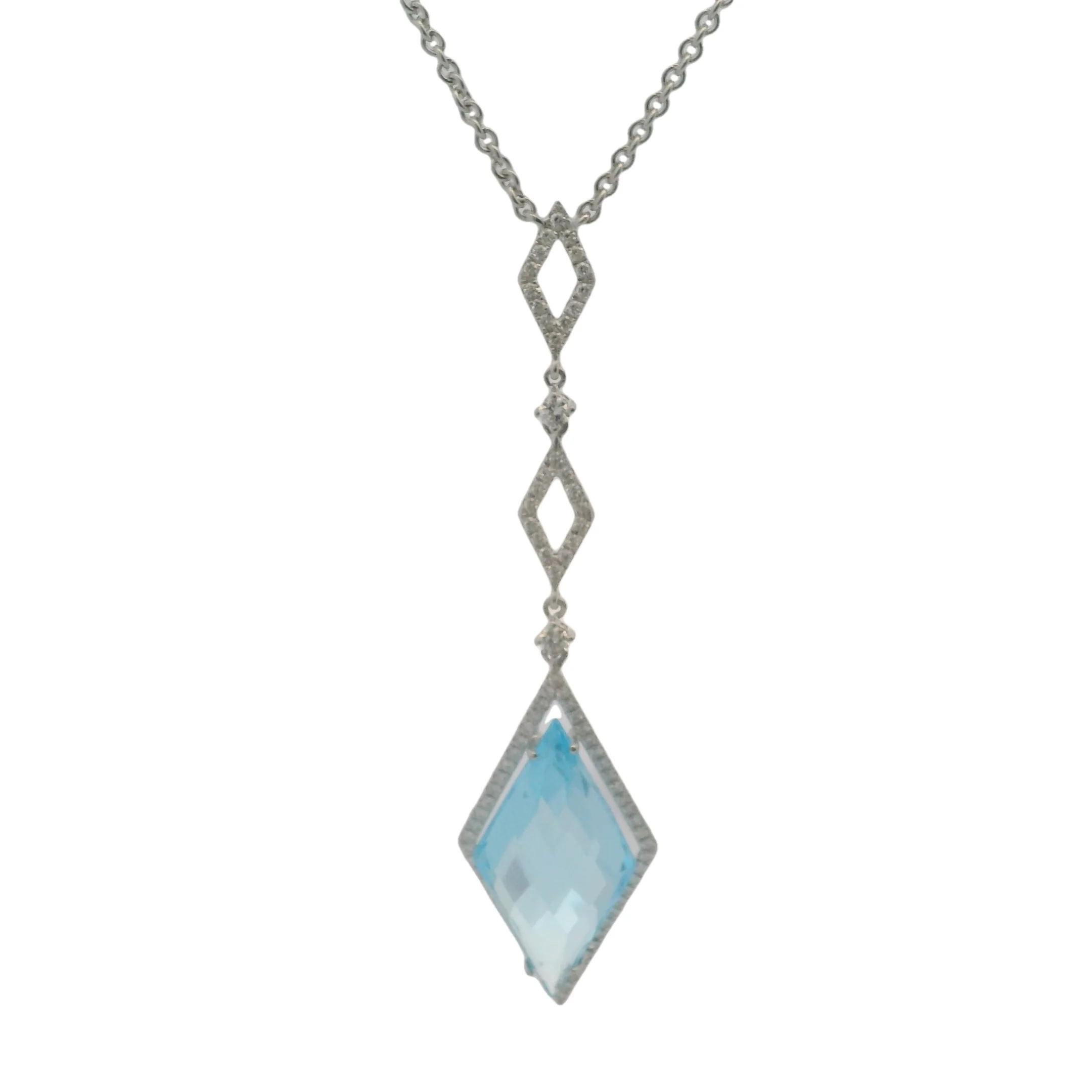 Solid 18kt White Gold Deco-Inspired 16ct Blue Topaz 2.6" Drop Pendant 16" Necklace with Diamond Stations, Halo, and Accents - Image 2