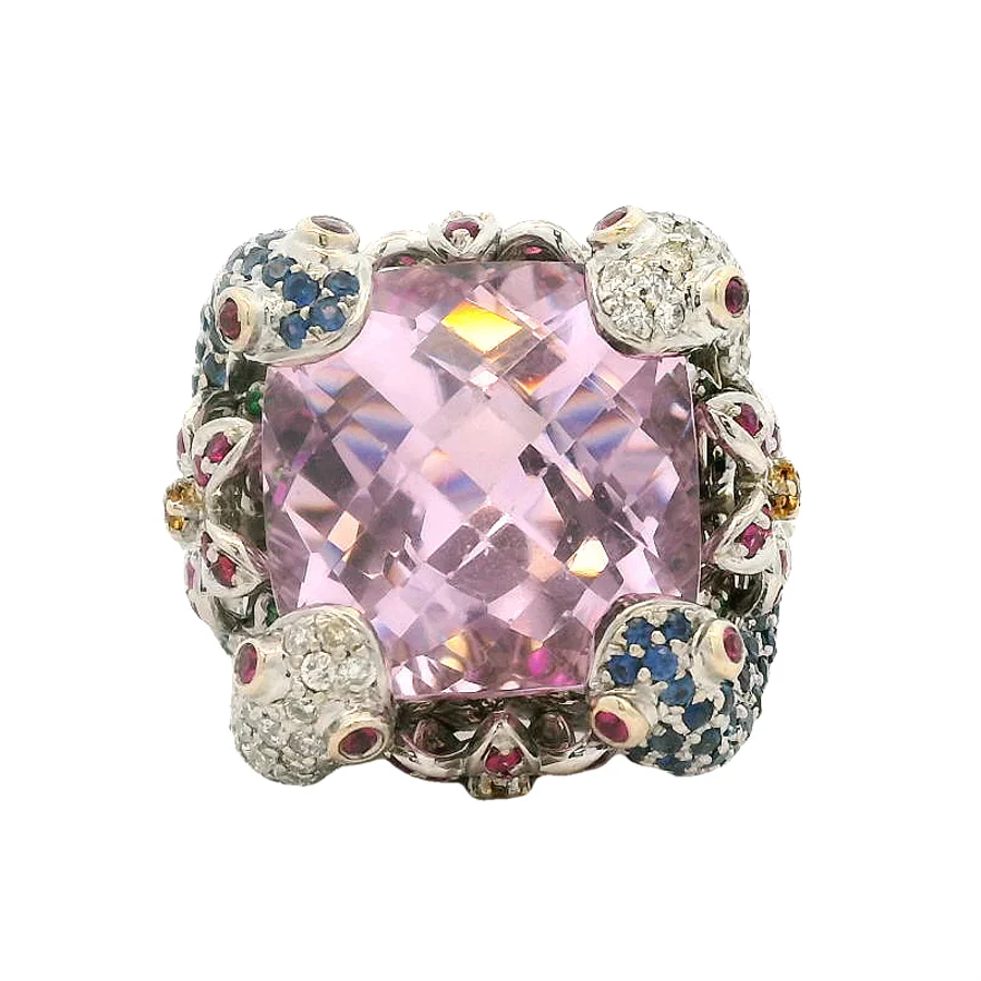 Solid 18kt White Gold Large Snakes and Flowers Cocktail Ring with Pink Glass Center Stone, Diamonds, Sapphires, and Rubies