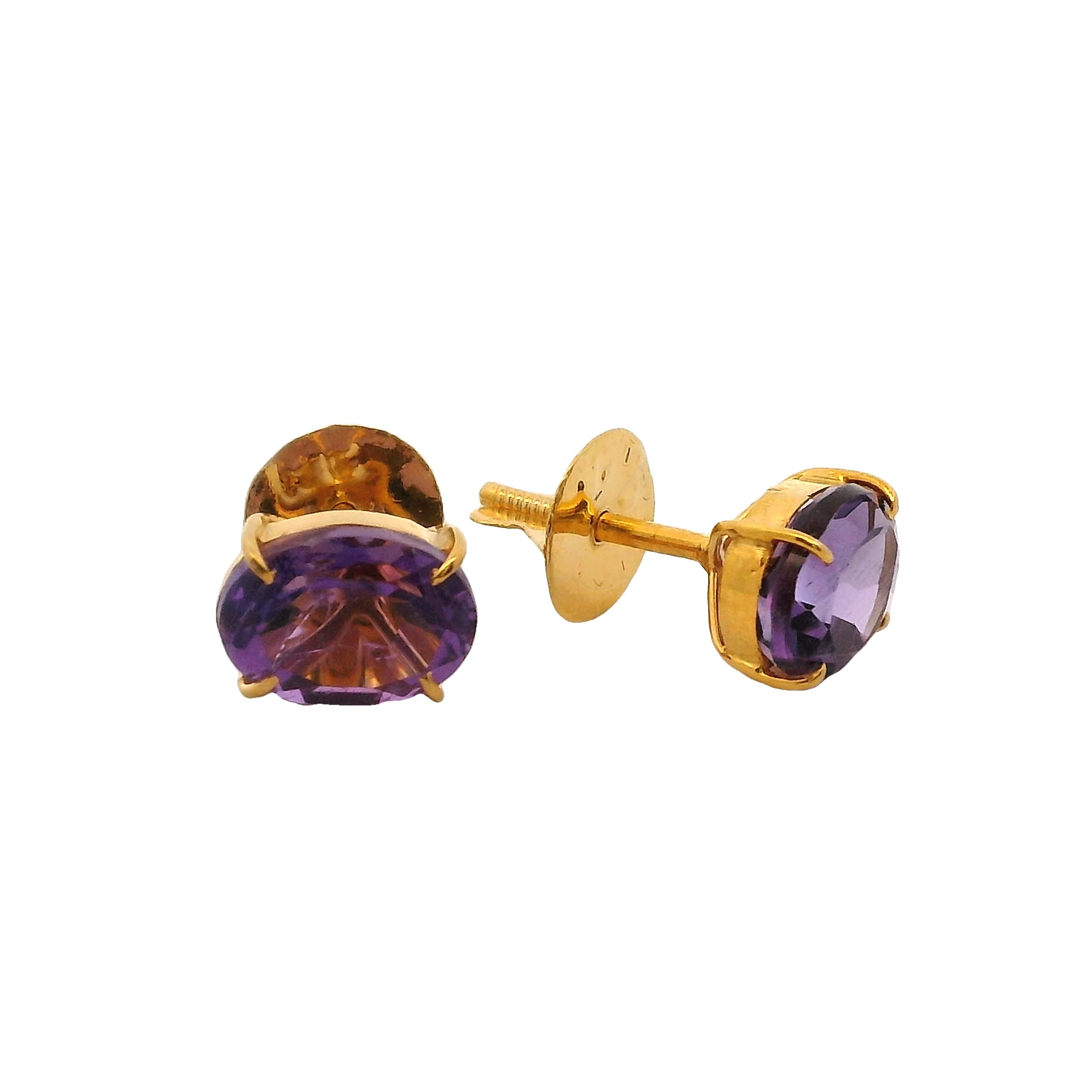 Solid 18kt Yellow Gold Amethyst Oval 8x6mm Stud Pierced Screw-Back Earrings - Image 3