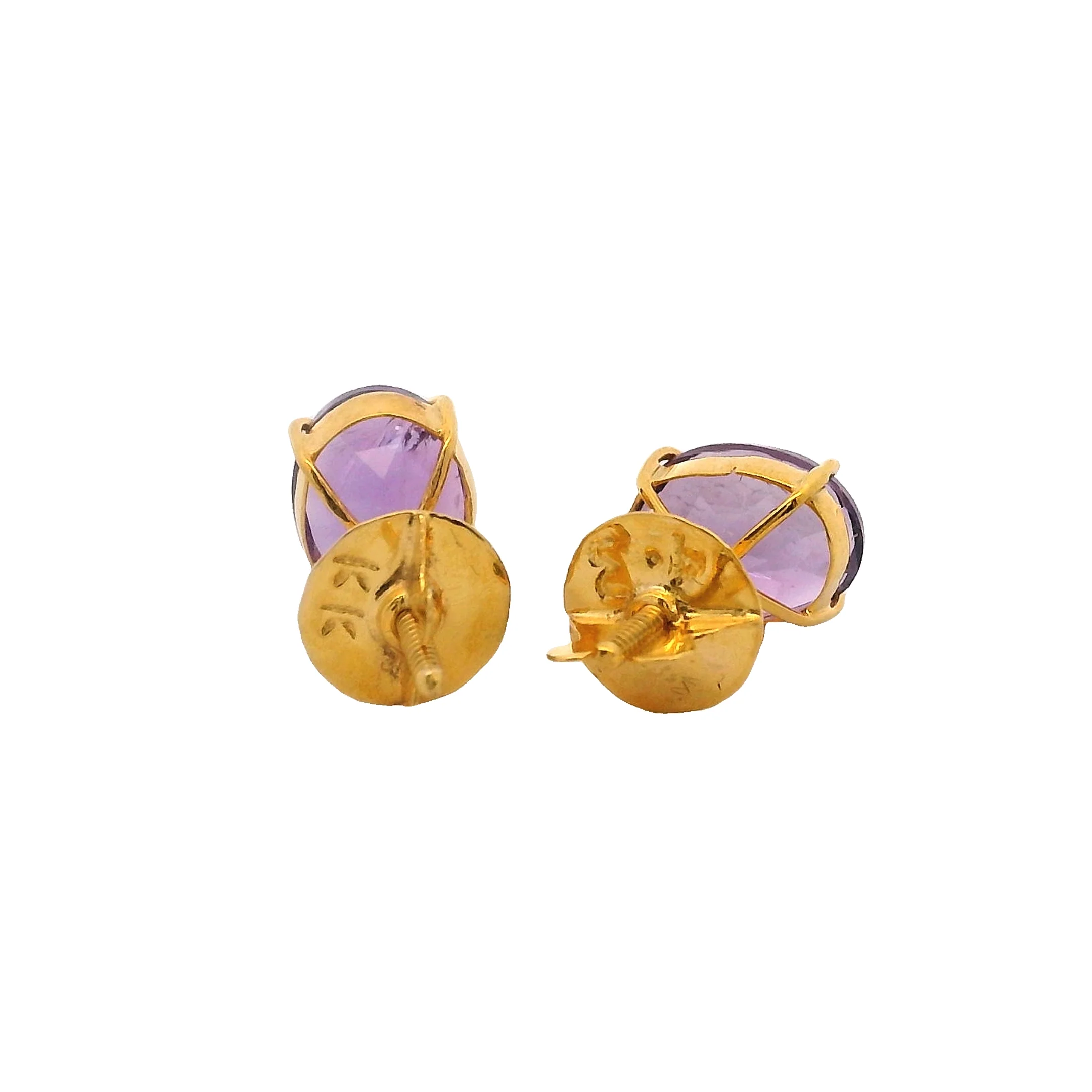 Solid 18kt Yellow Gold Amethyst Oval 8x6mm Stud Pierced Screw-Back Earrings - Image 4