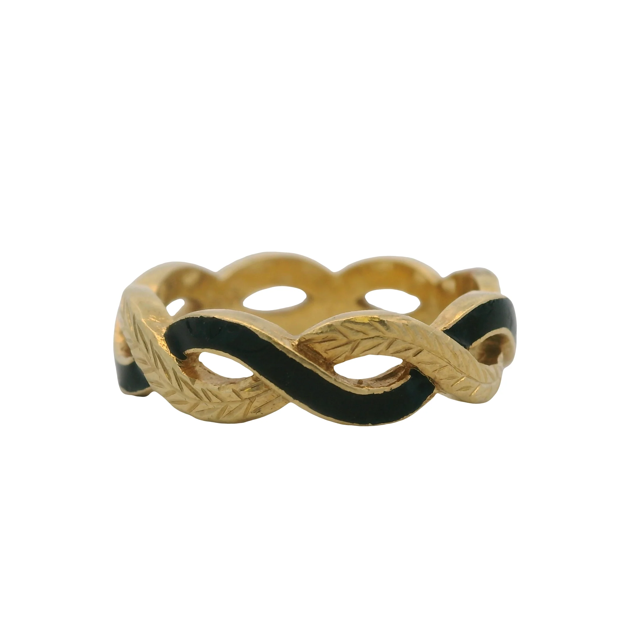 Solid 18kt Yellow Gold and Black Enamel Woven Twisted Wheat Pattern Band Ring Size 6.75 - Image 2