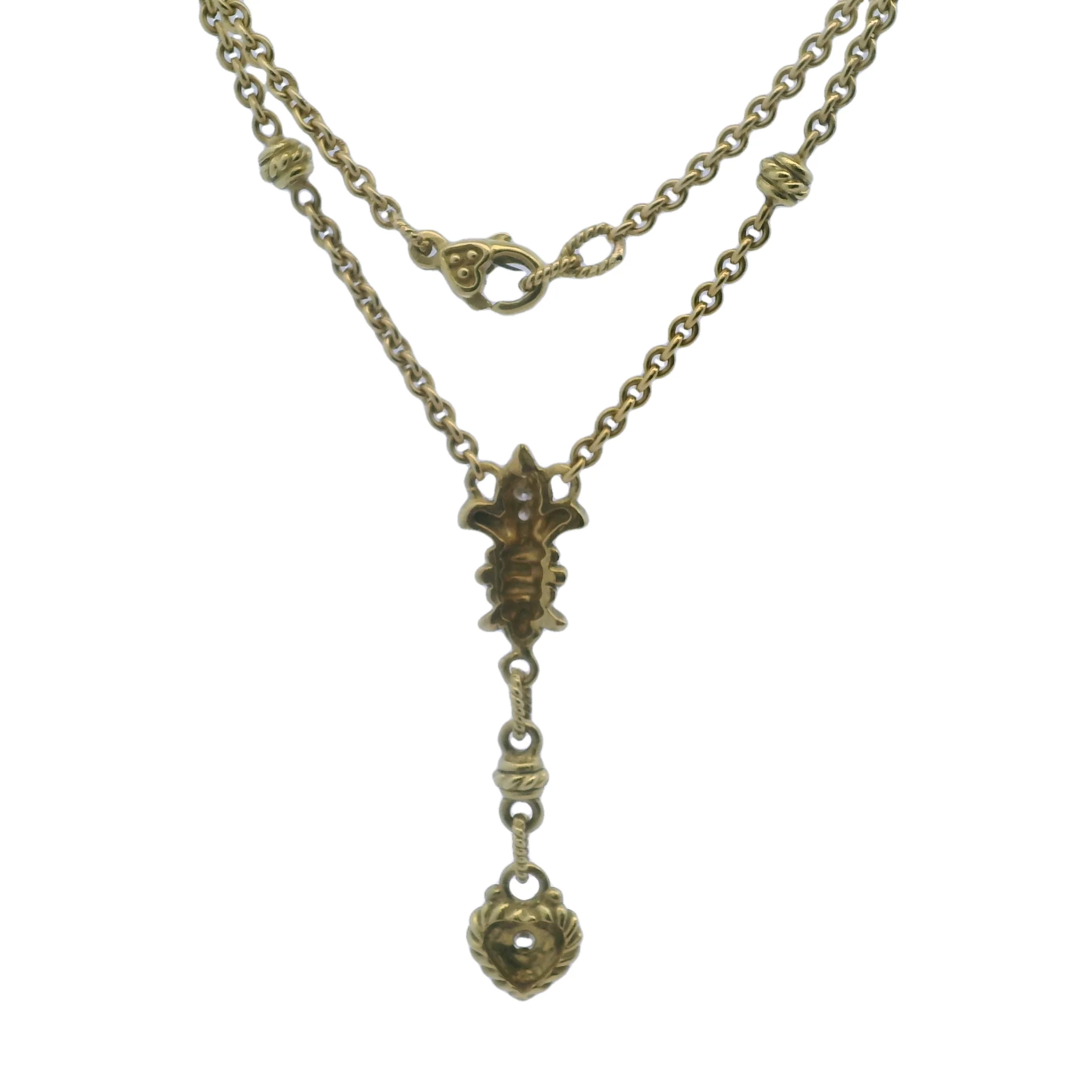 Solid 18kt Yellow Gold and Diamond Fleur-de-lis Heart Drop Pendant 15" Knots Necklace - Image 2