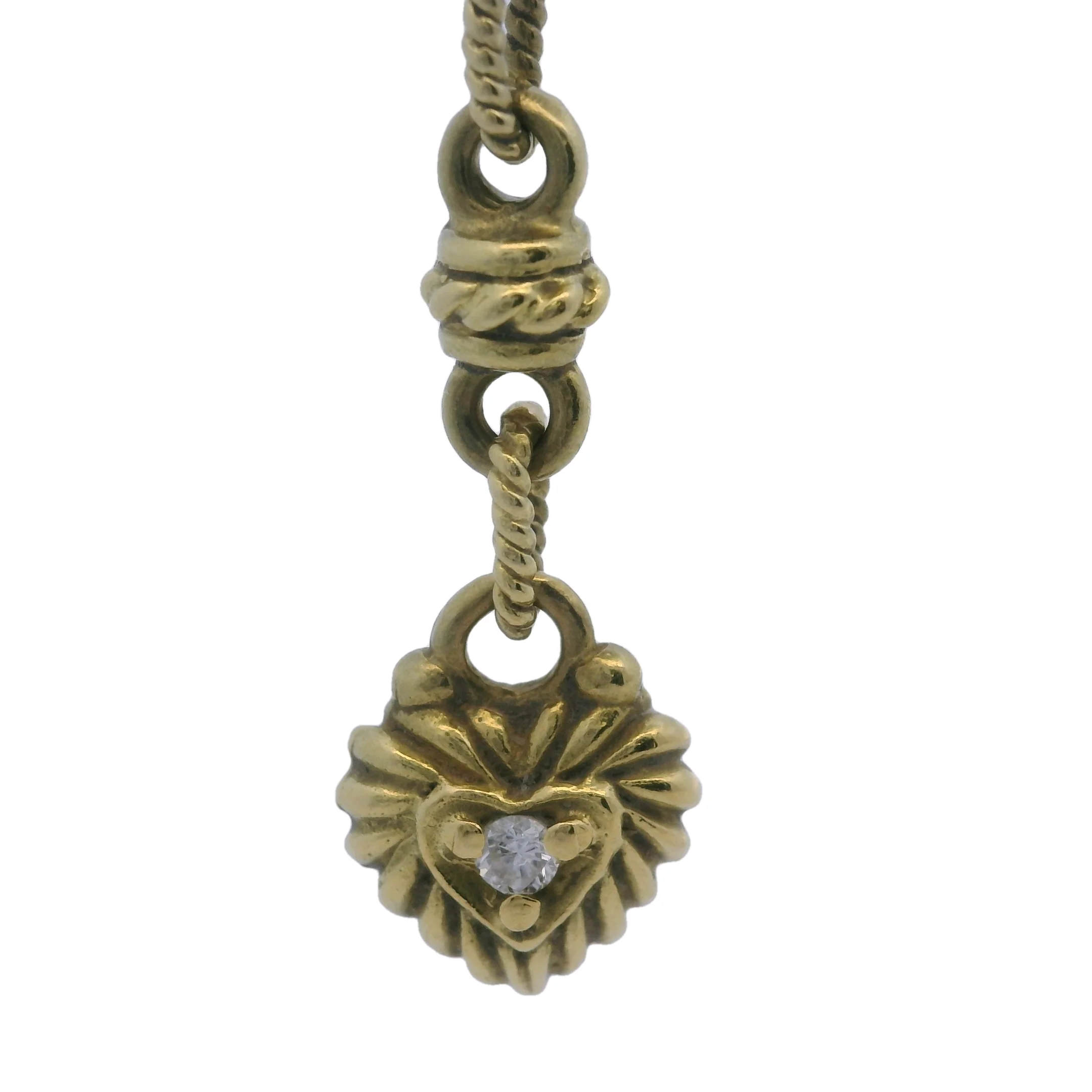 Solid 18kt Yellow Gold and Diamond Fleur-de-lis Heart Drop Pendant 15" Knots Necklace - Image 3