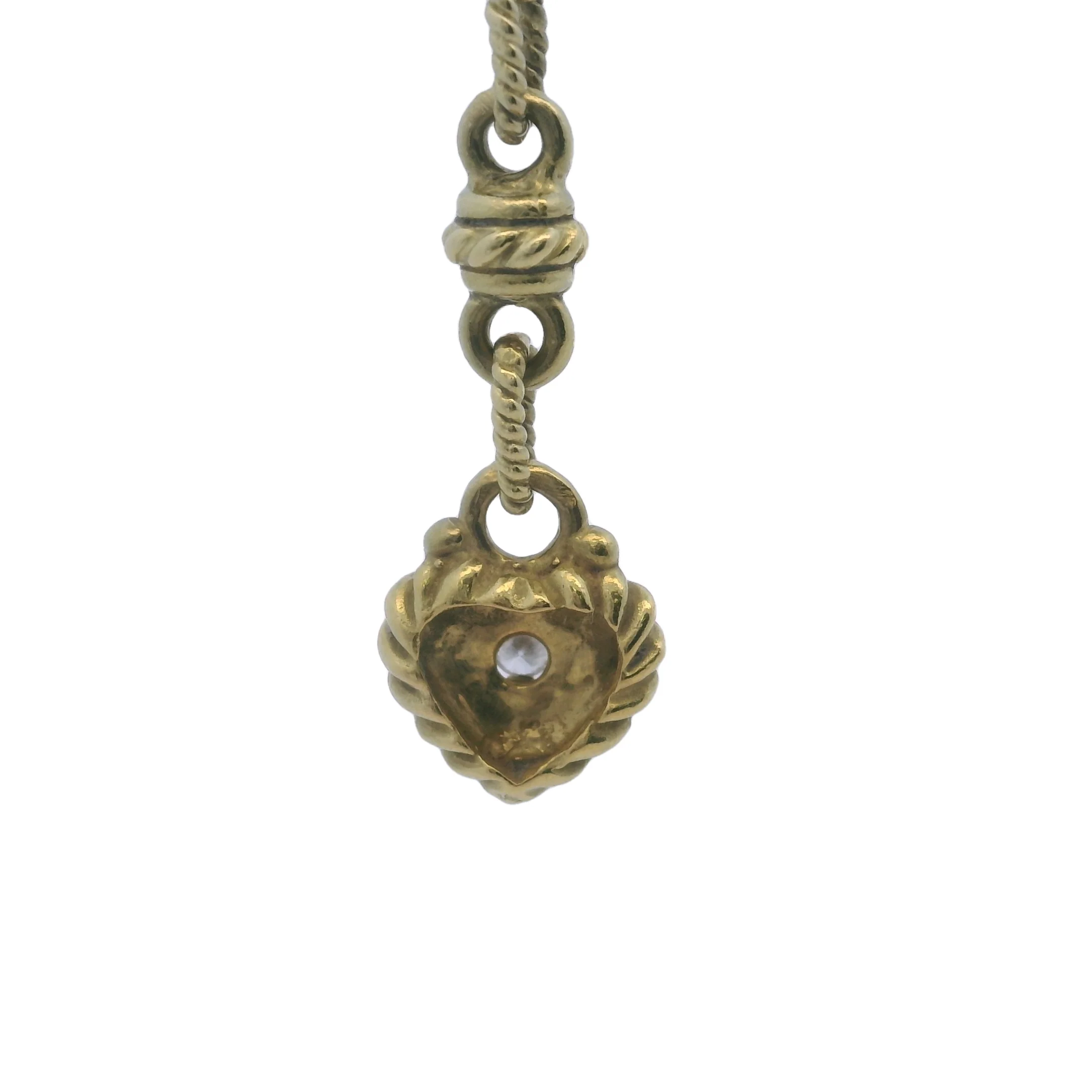 Solid 18kt Yellow Gold and Diamond Fleur-de-lis Heart Drop Pendant 15" Knots Necklace - Image 4