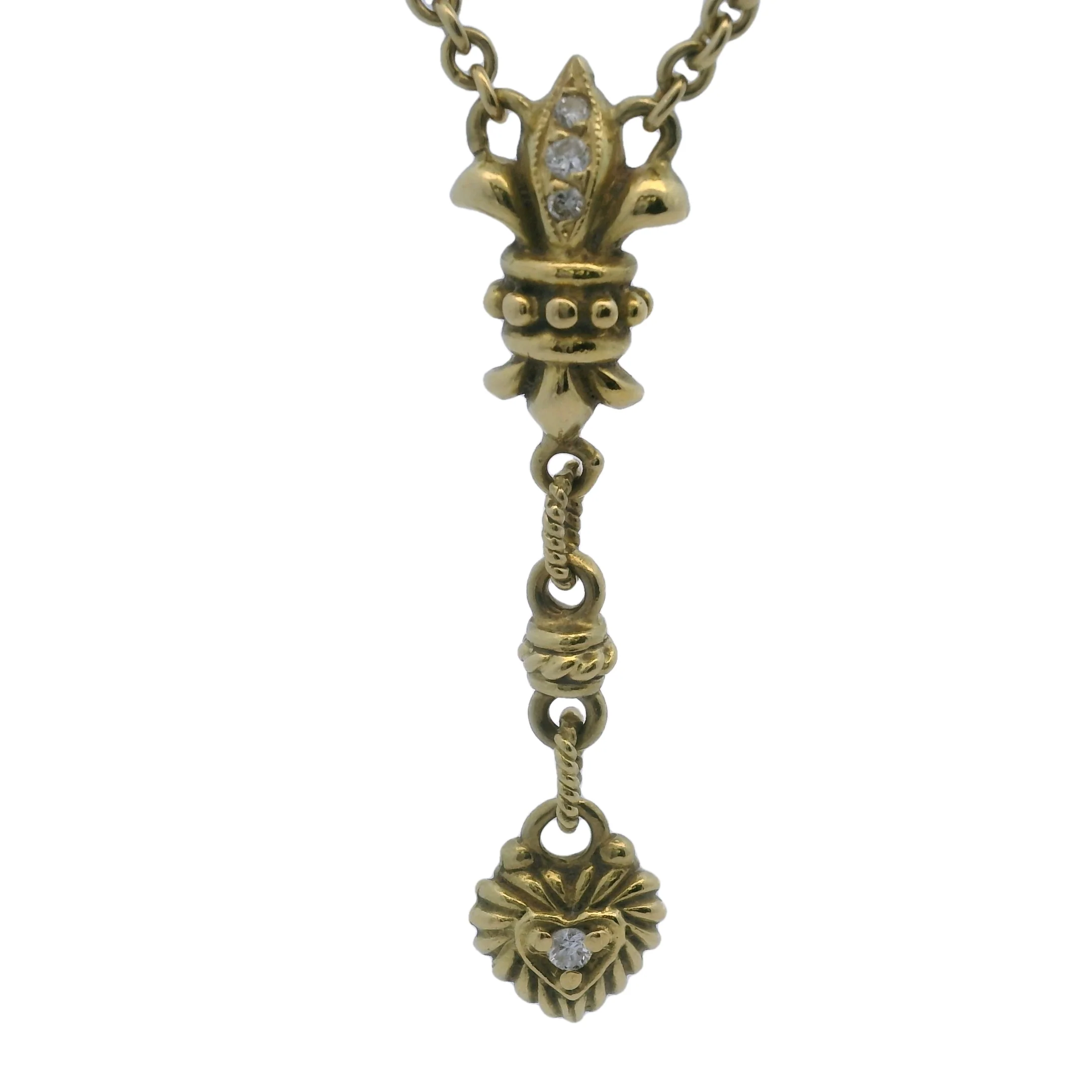 Solid 18kt Yellow Gold and Diamond Fleur-de-lis Heart Drop Pendant 15" Knots Necklace - Image 5