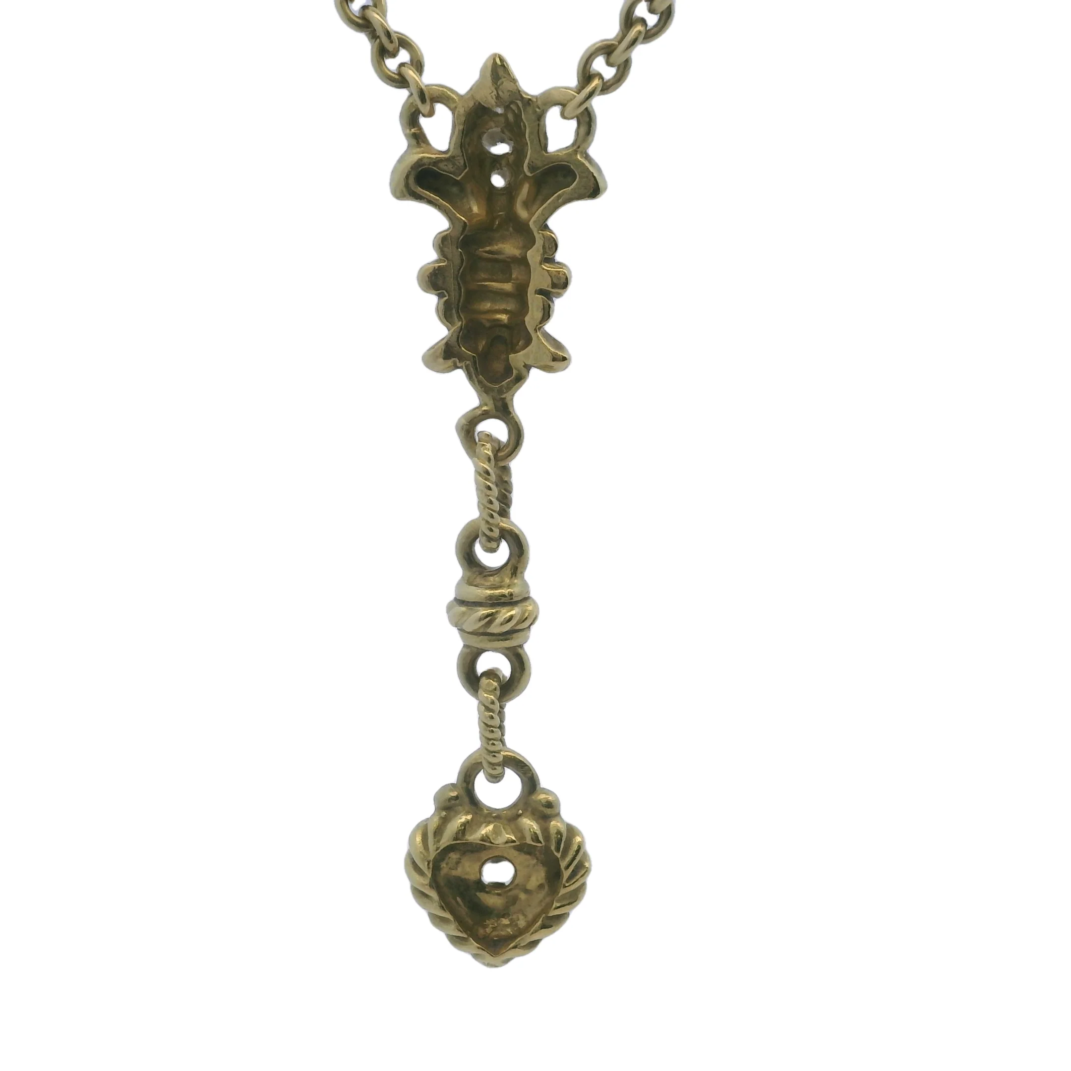 Solid 18kt Yellow Gold and Diamond Fleur-de-lis Heart Drop Pendant 15" Knots Necklace - Image 6