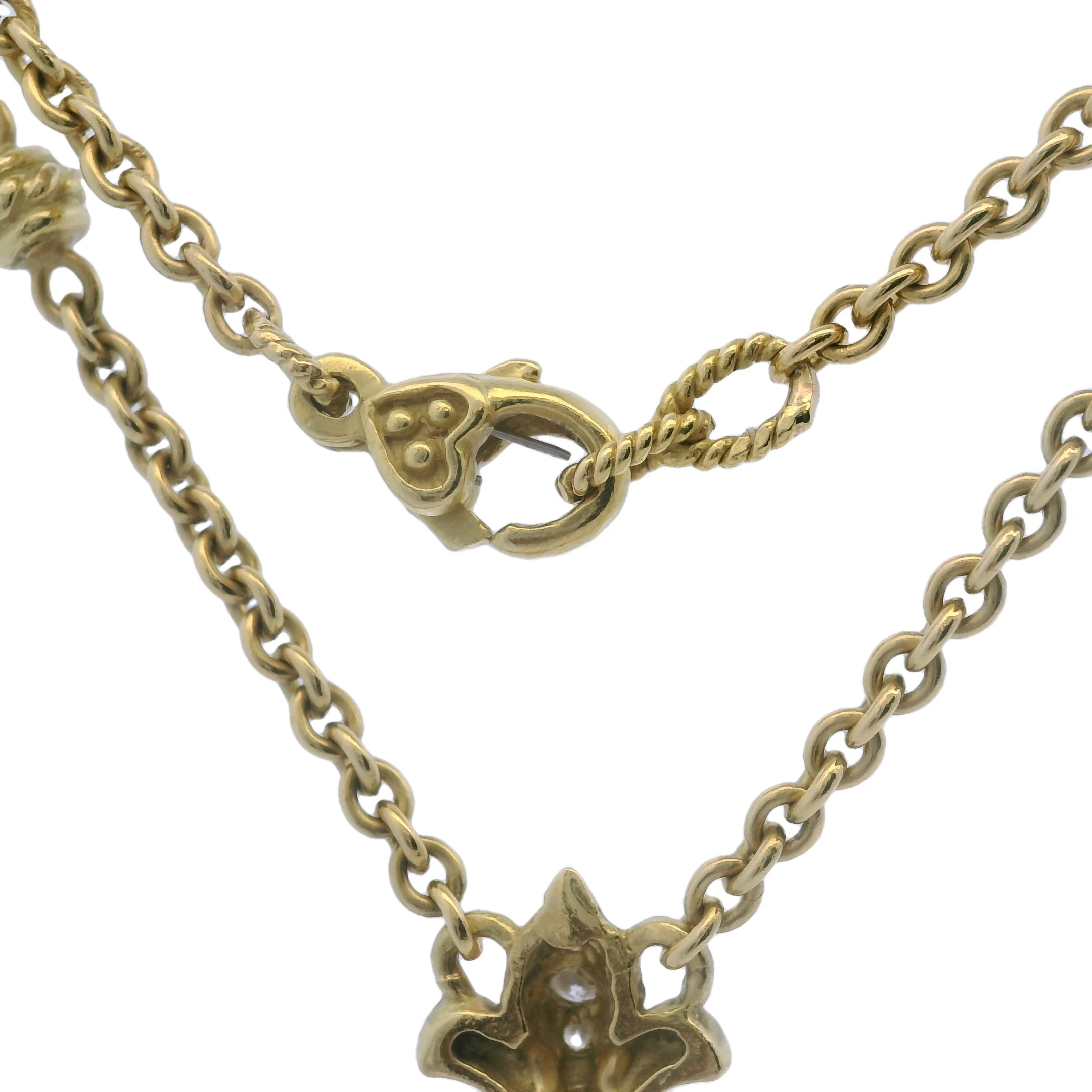 Solid 18kt Yellow Gold and Diamond Fleur-de-lis Heart Drop Pendant 15" Knots Necklace - Image 7