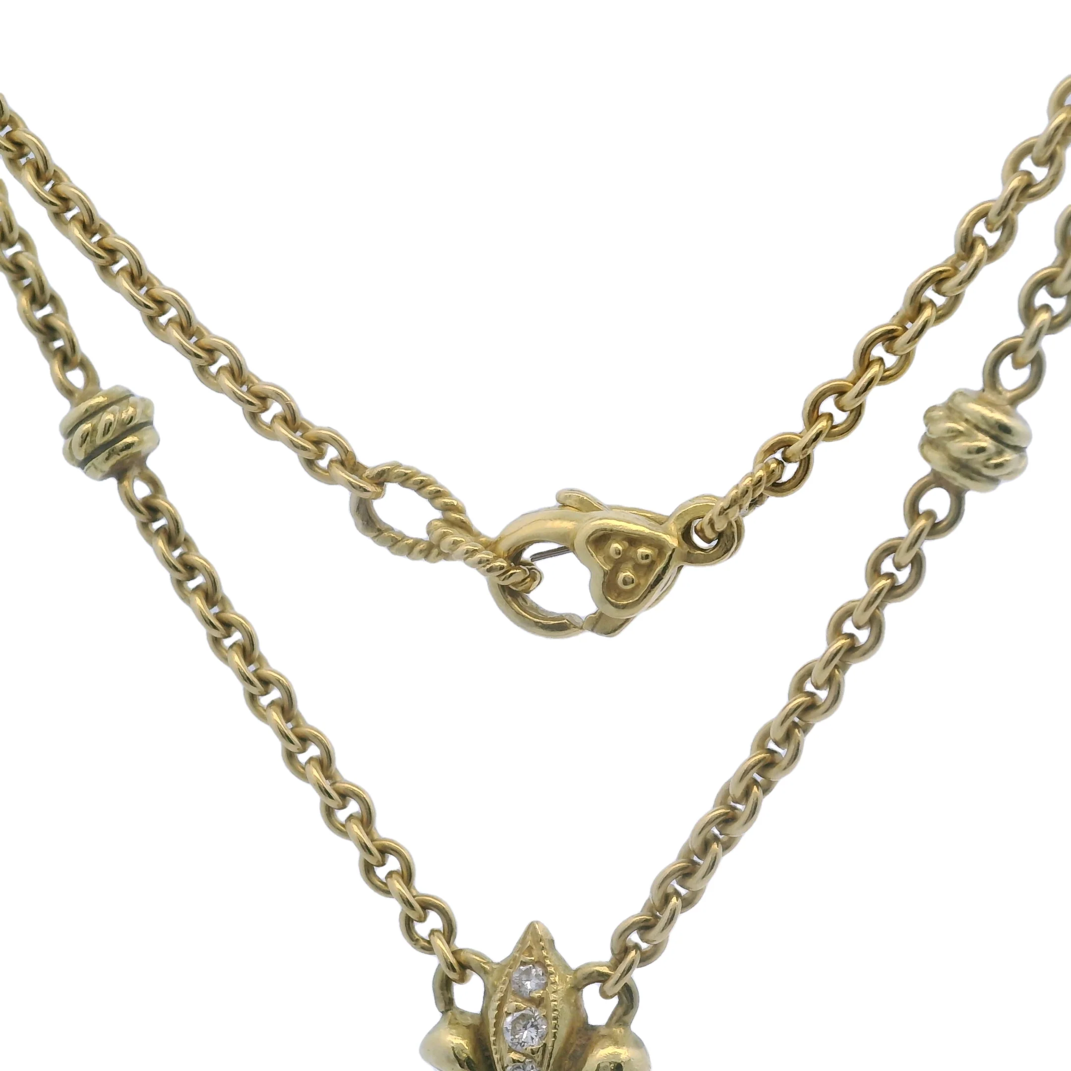 Solid 18kt Yellow Gold and Diamond Fleur-de-lis Heart Drop Pendant 15" Knots Necklace - Image 8