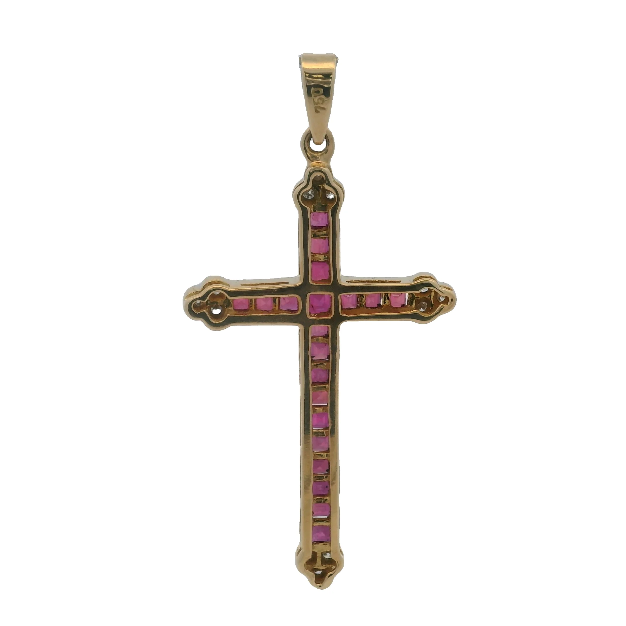 Solid 18kt Yellow Gold And Natural Ruby 1.6" Long Cross Pendant With Diamond Accents - Image 2