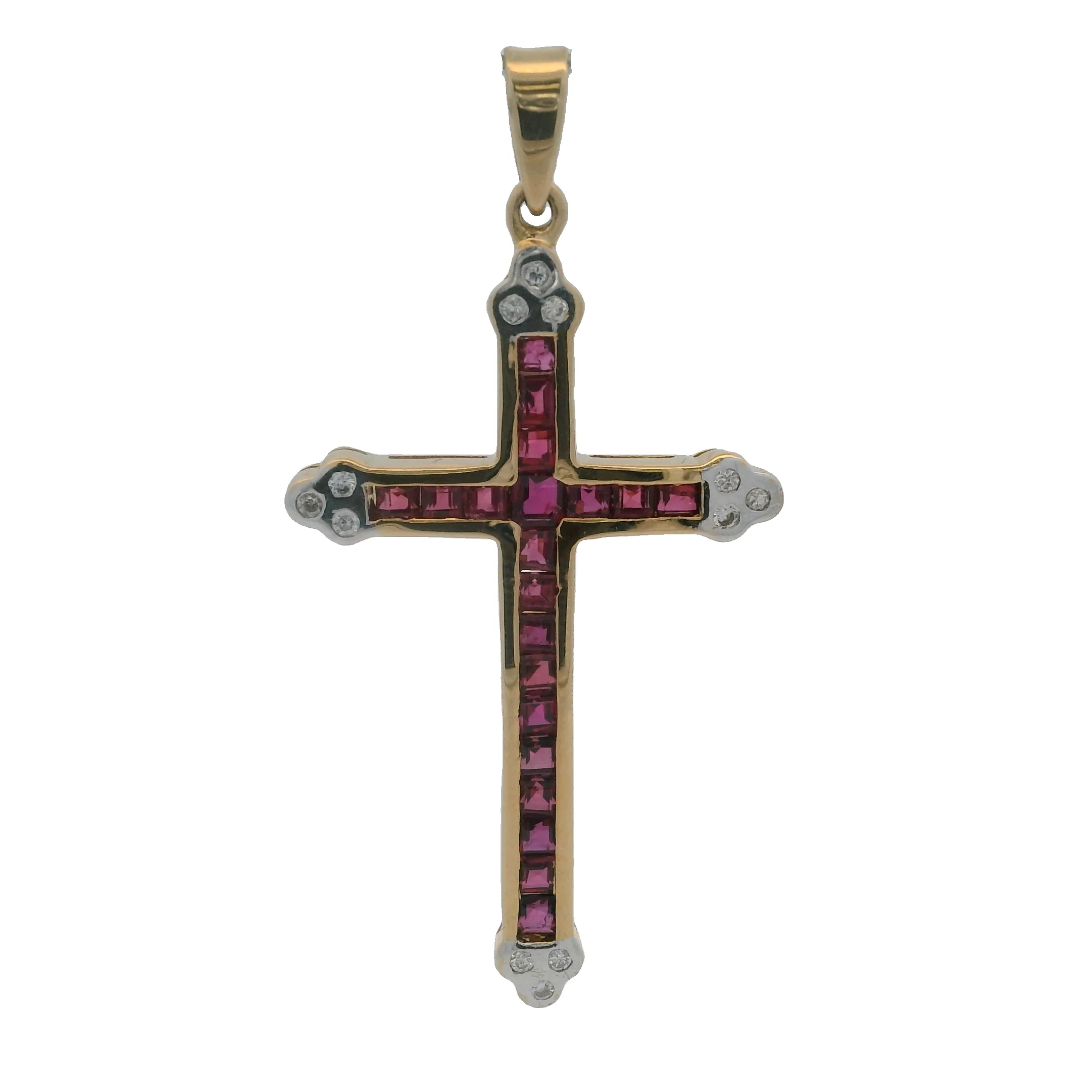Solid 18kt Yellow Gold And Natural Ruby 1.6" Long Cross Pendant With Diamond Accents - Image 3