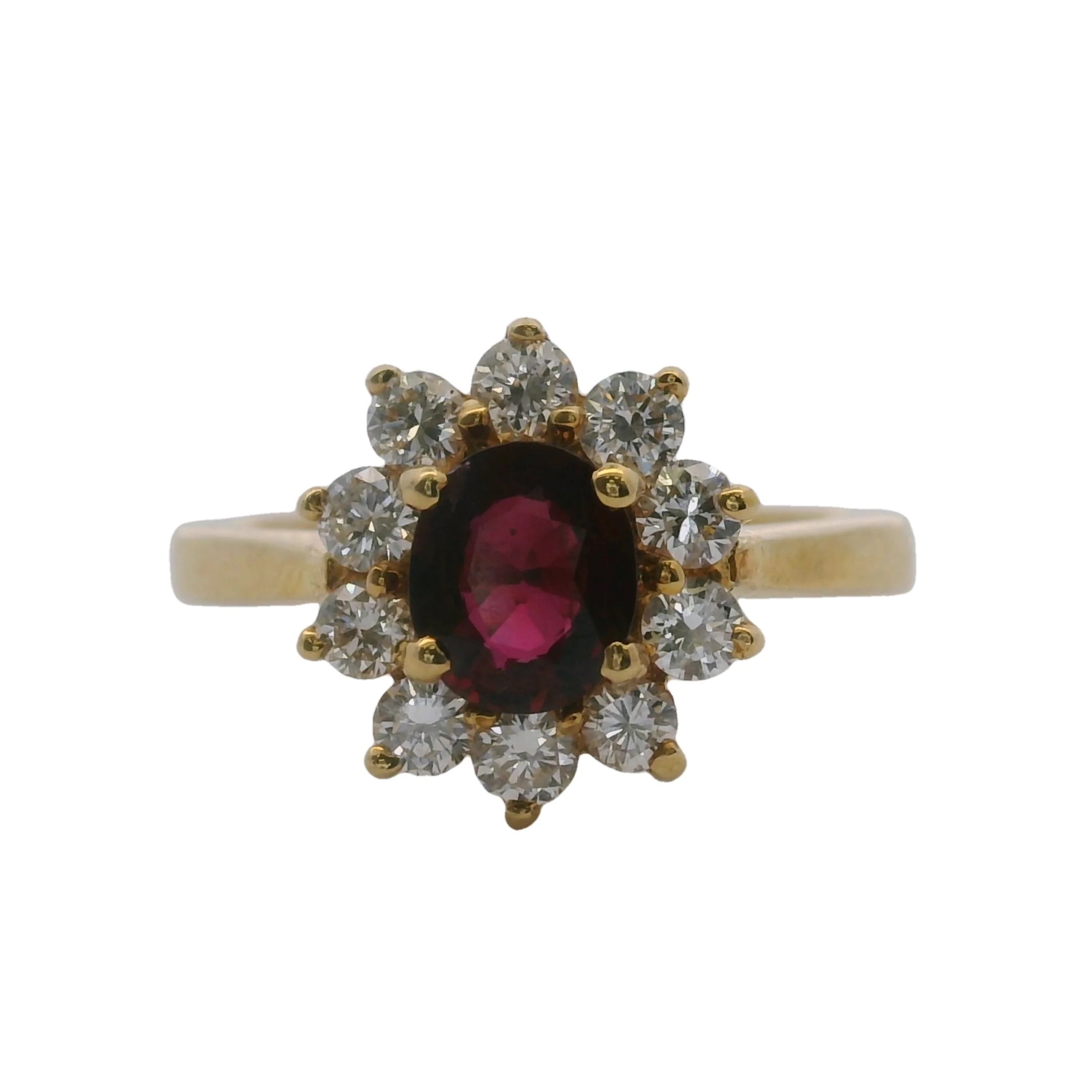 Solid 18kt Yellow Gold Natural Red Ruby Solitaire Ring with White Diamond Halo Size 5